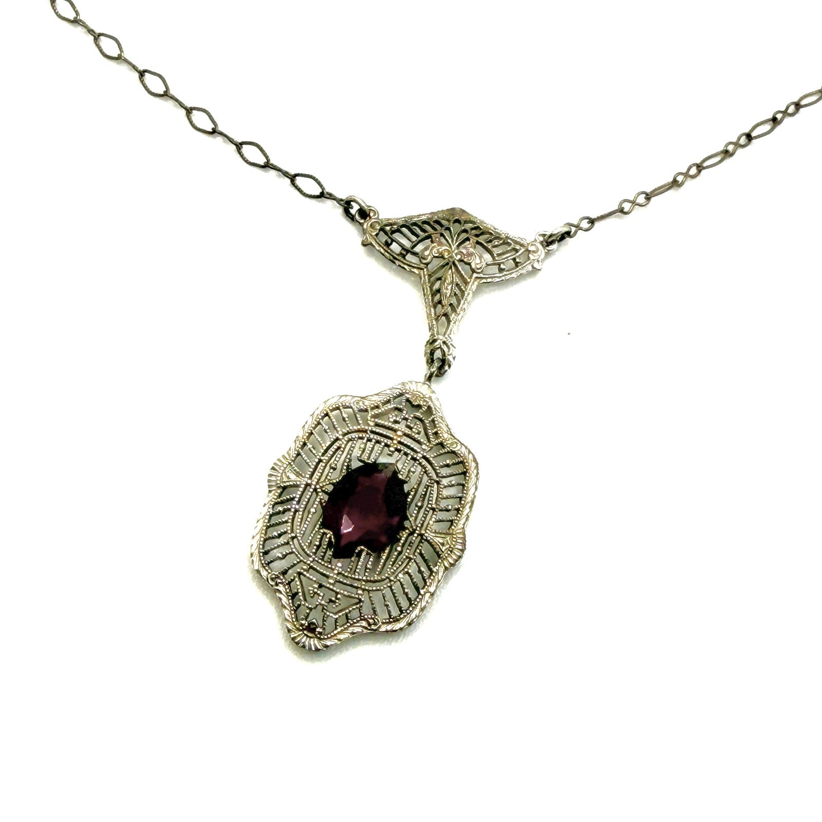 Vintage 20s Art Deco Purple Amethyst Filigree Silver Tone Lavalier Necklace