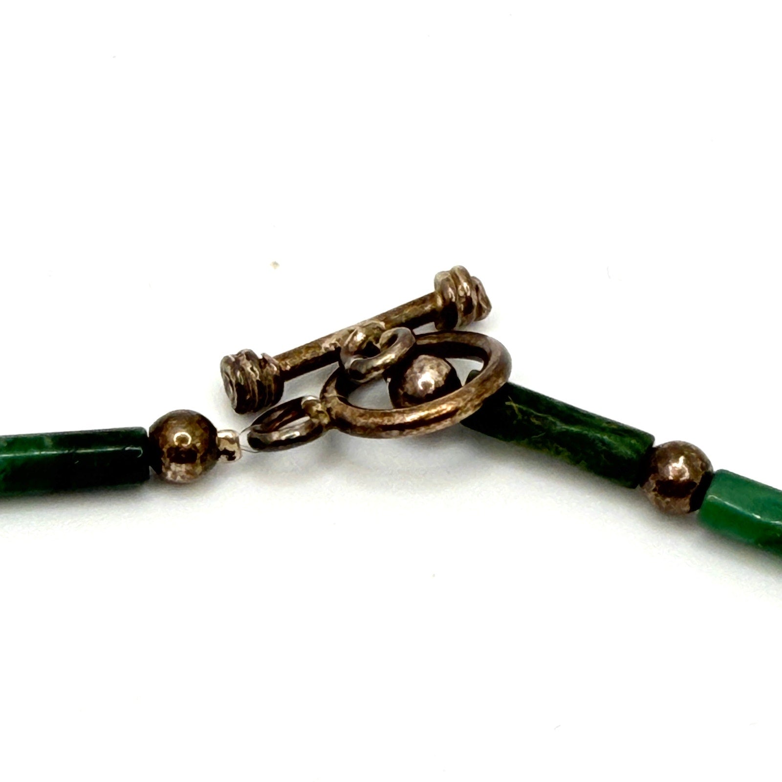 Vintage 90s Green Nephrite Jade Sterling Silver Tube Bead Toggle Necklace