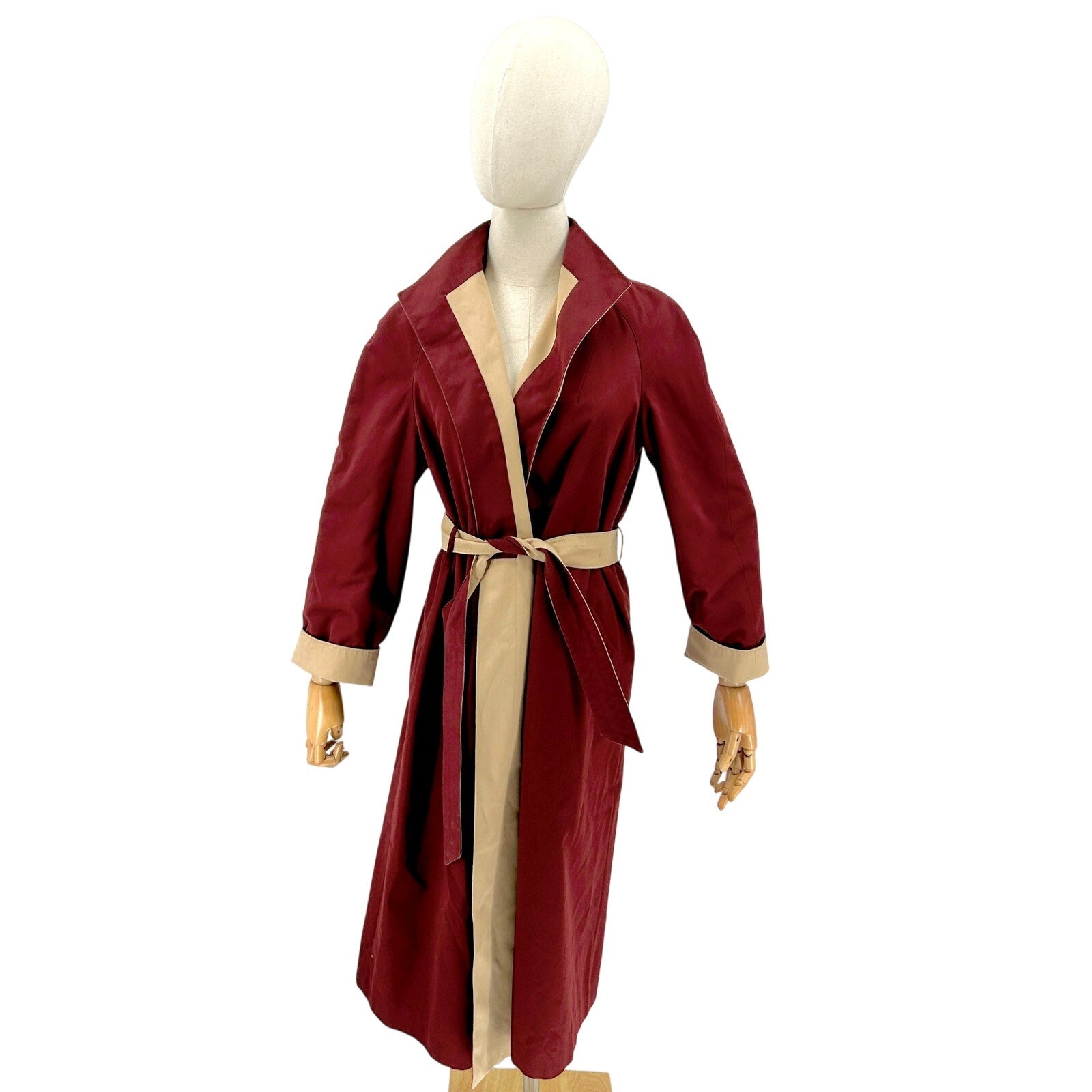 Vintage 80s Etienne Aigner Tan Maroon Reversible Belted Trench Coat