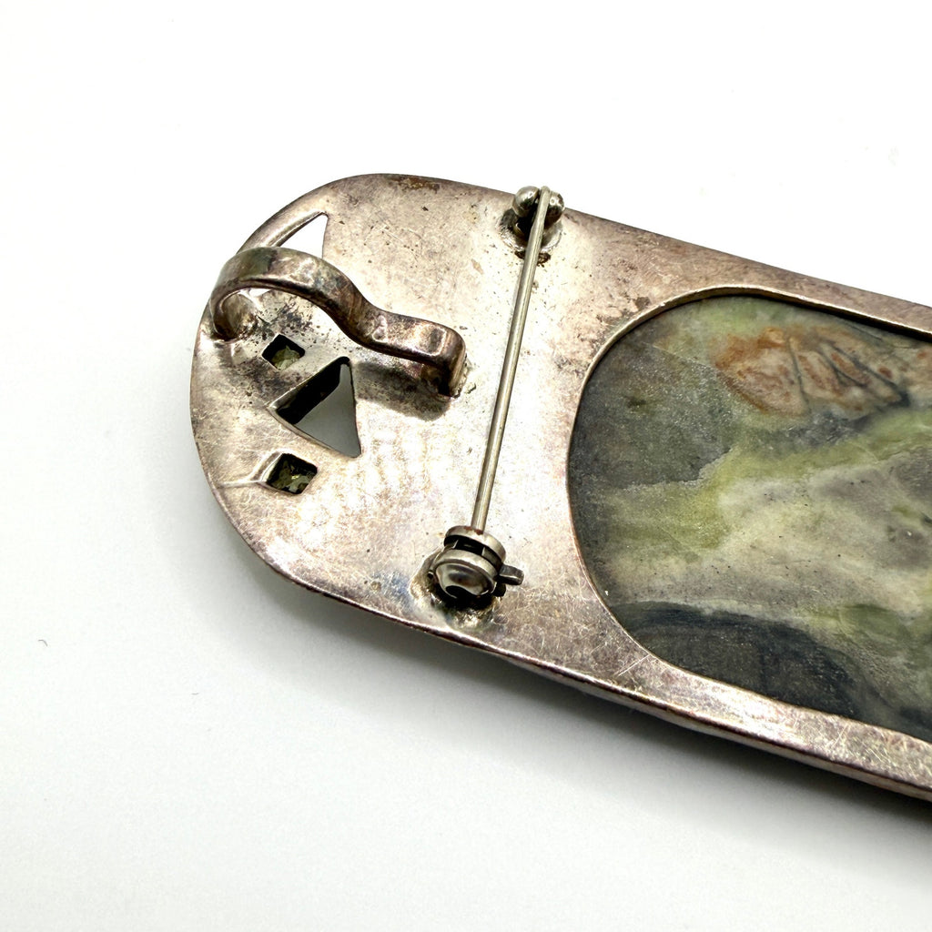 Vintage Massive Sterling Silver Green Serpentine Peridot Brooch Pendant