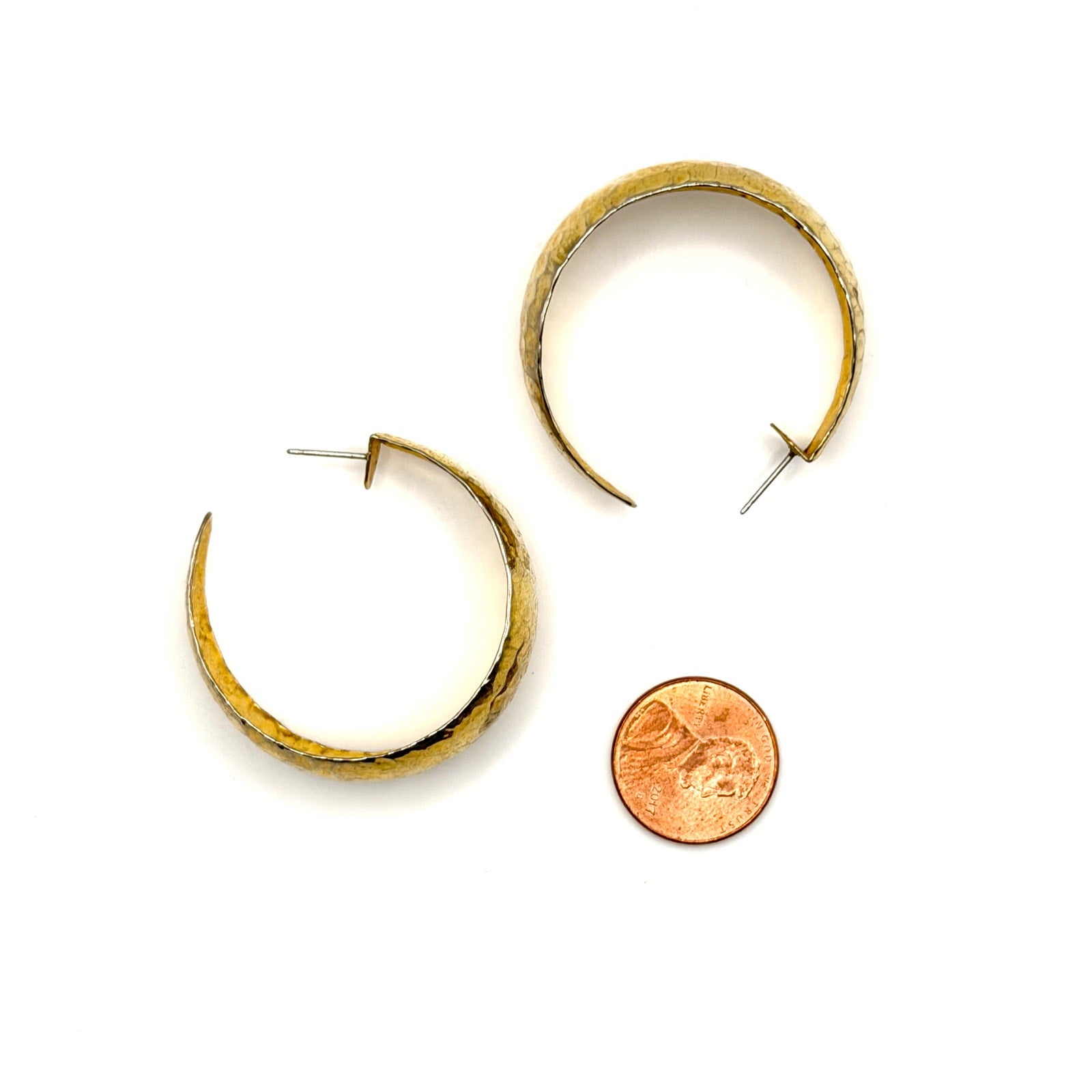 Vintage 90s Gold Tone Geometric Chunky Hammered Textured Open Hoop Earrings