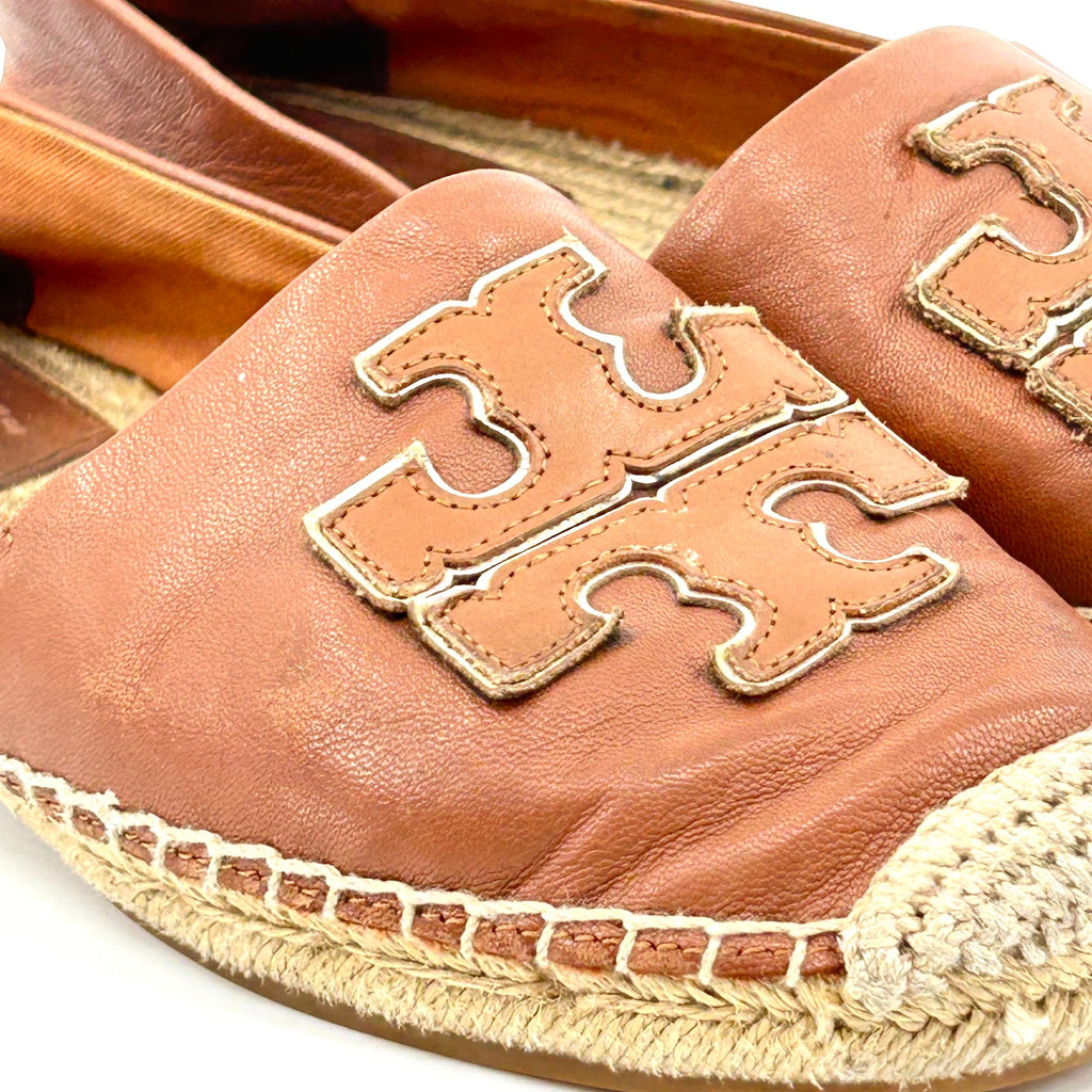 Tory Burch Tan Genuine Leather Logo Jute Espadrille Flats