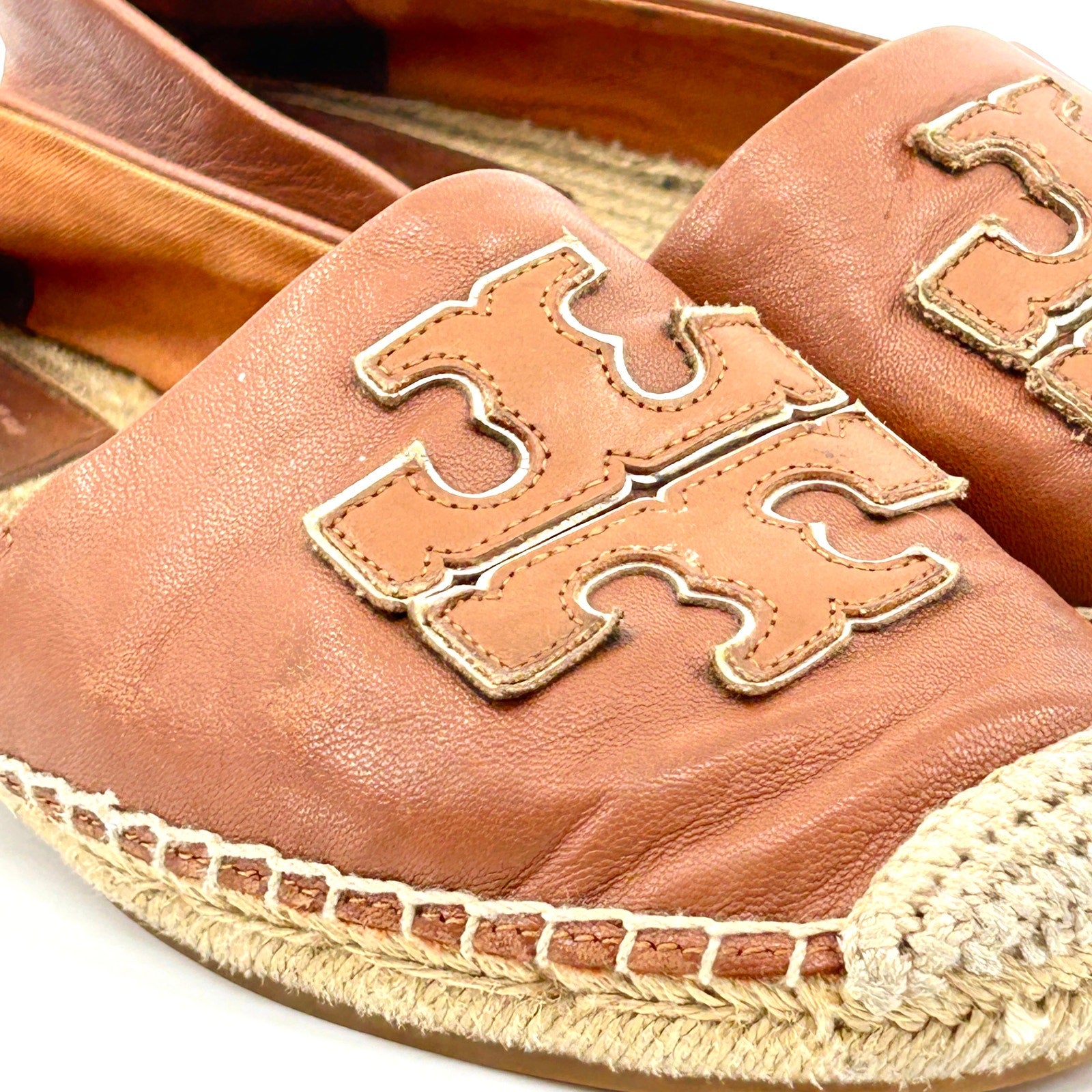 Tory Burch Tan Genuine Leather Logo Jute Espadrille Flats