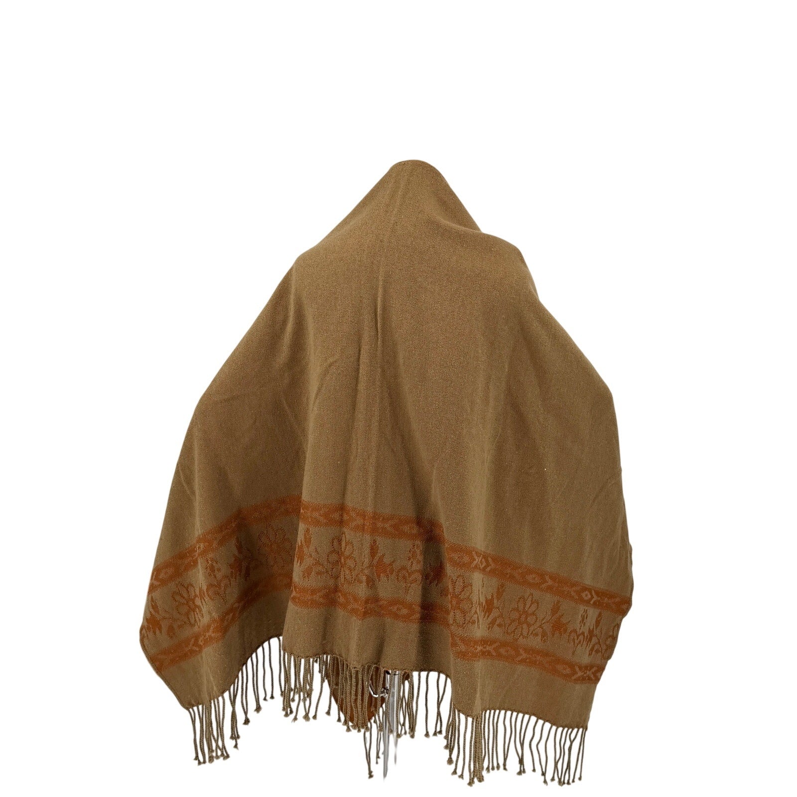 Vintage Y2K Earthy Copper Floral Fringe Wool Blend Open Front Poncho Wrap Ruana
