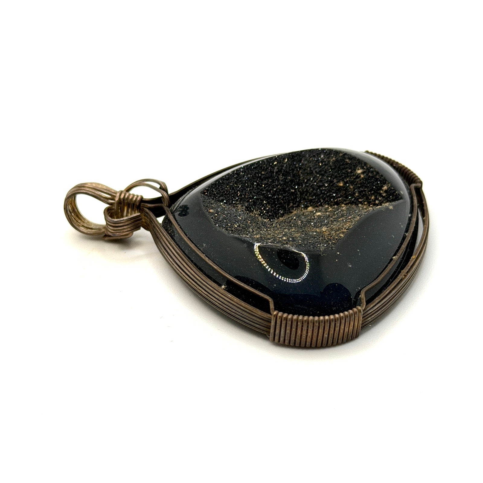 Vintage 90s Black Onyx Druzy Sterling Silver Wire Wrap Trillion Pendant
