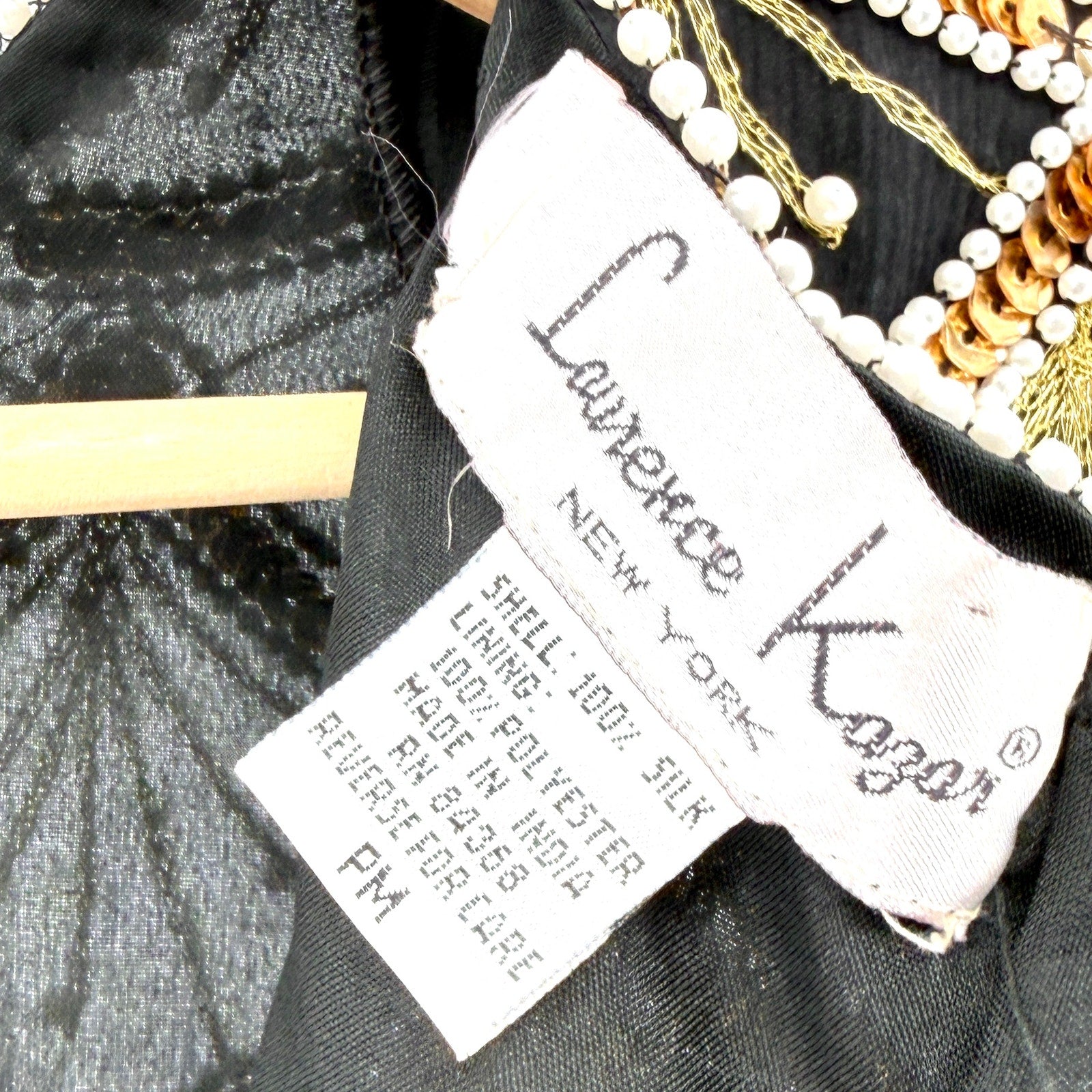 Vintage 80s Laurence Kazar Black 100% Silk Beaded Gold Sequin Pearl Glam Top