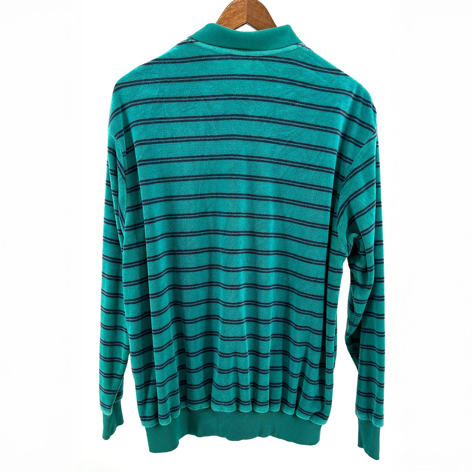 Vintage 80s Fox Collection Teal Navy Striped Velour Polo Shirt