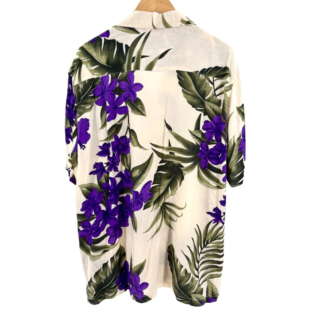 Vintage 90s Favant Purple Cream Tropical Floral Hawaiian Camp Shirt