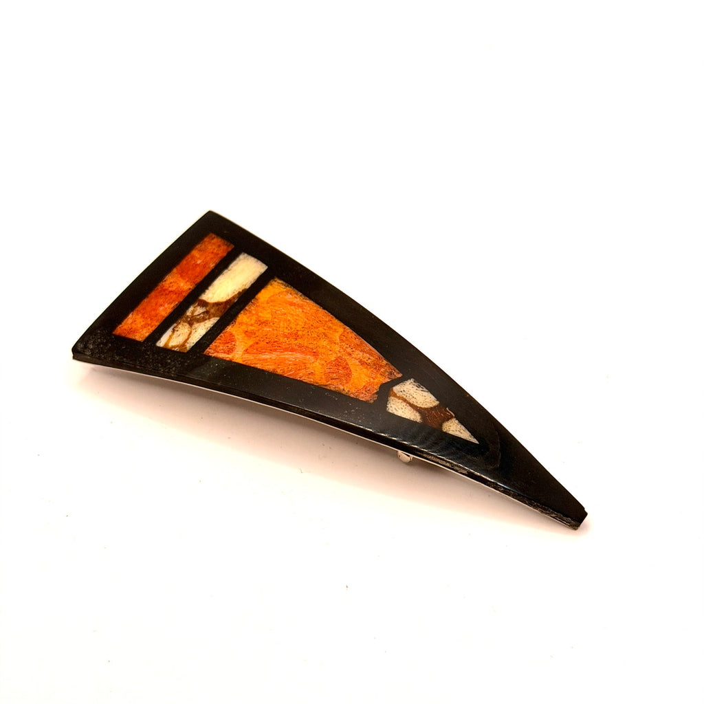 Vintage 90s Orange Black Inlay Art Deco Revival French Barrette Hair Clip
