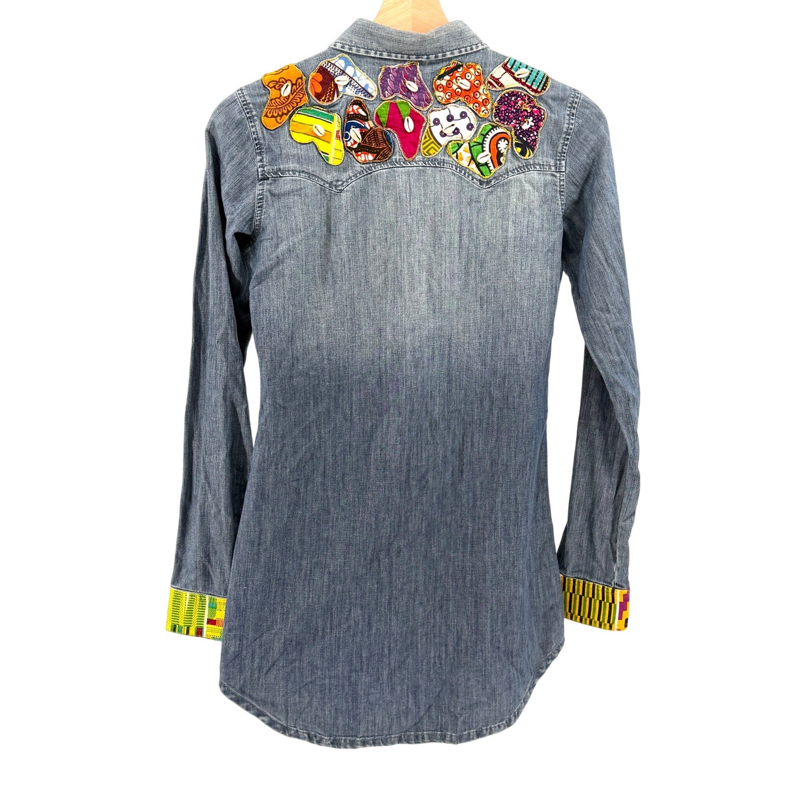 Vintage 90s Custom Denim Patchwork African Wax Print Long Sleeve Shirt
