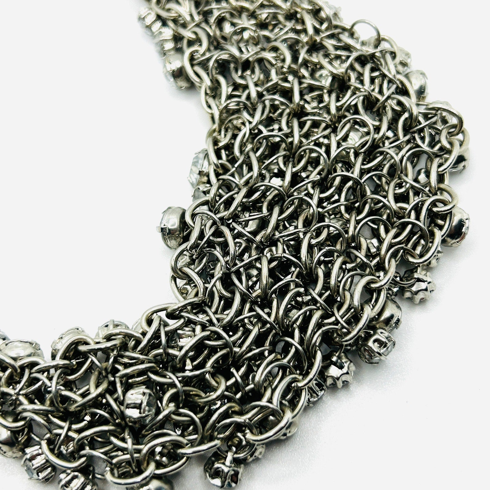 Y2k Silver White Rhinestone Crystal Chain Link Bib Glam Bling Costume Necklace