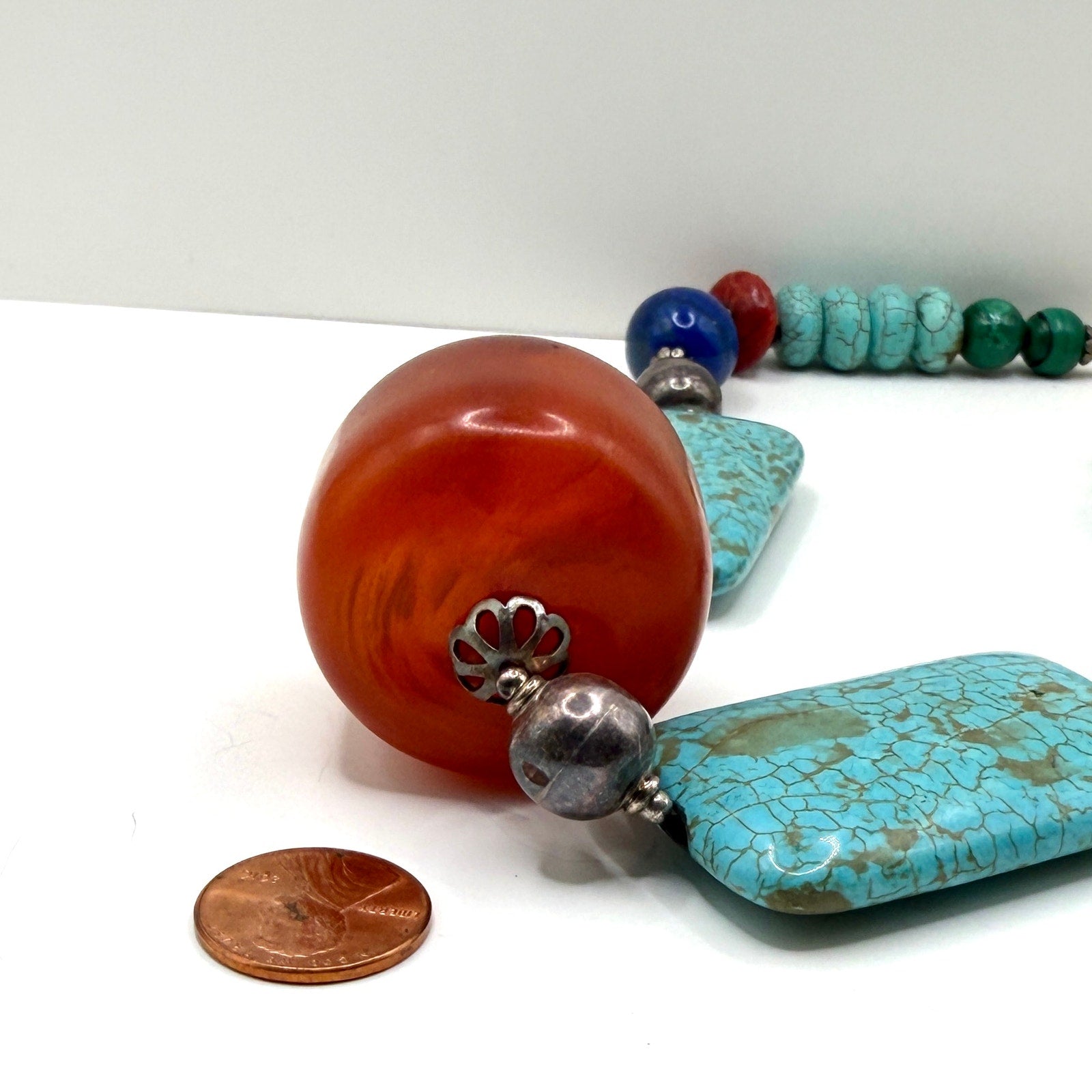 Vintage 90s Southwestern Sterling Turquoise Genuine Amber Necklace