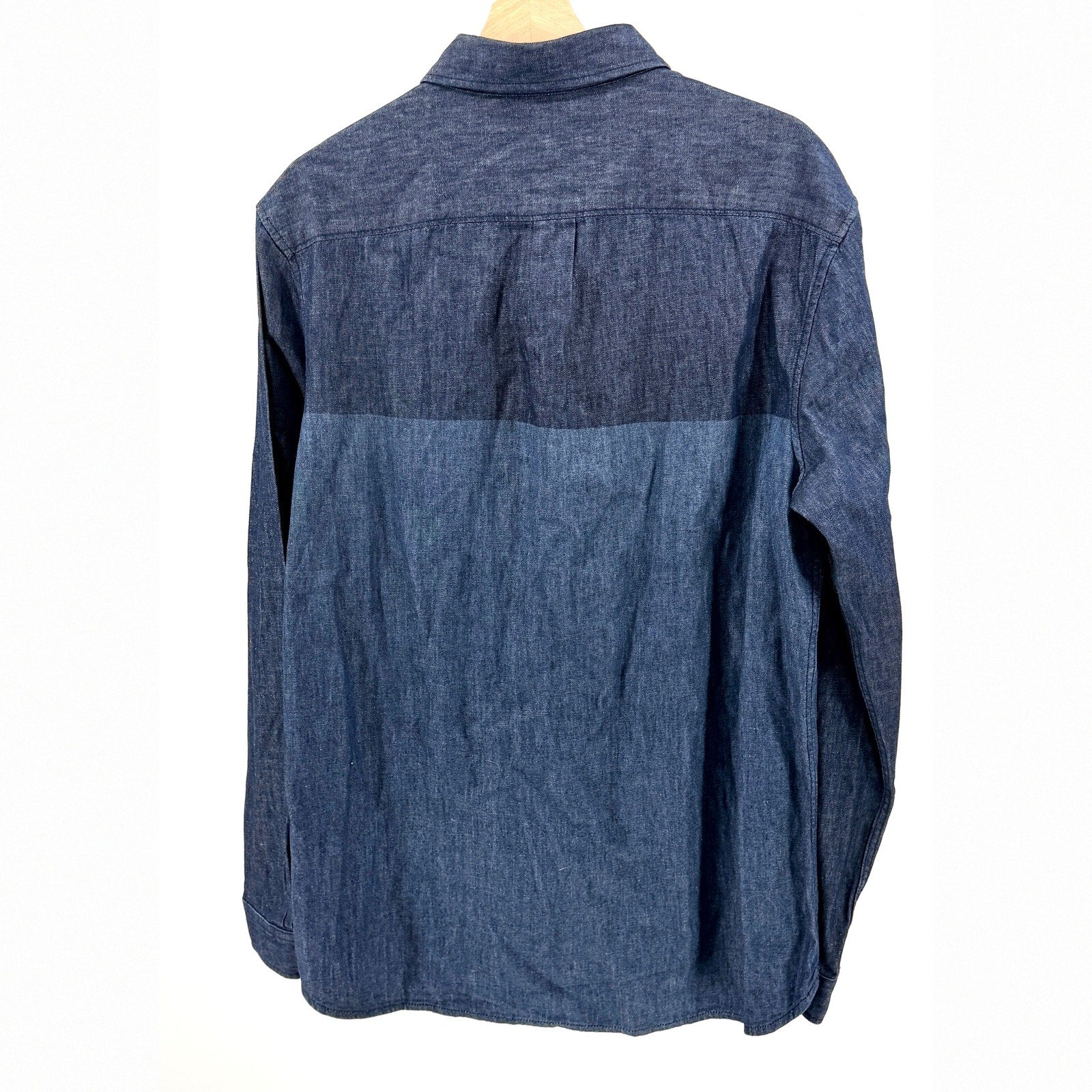 Elie Tahari Blue Cotton Linen Chambray Colorblock Patchwork Shirt