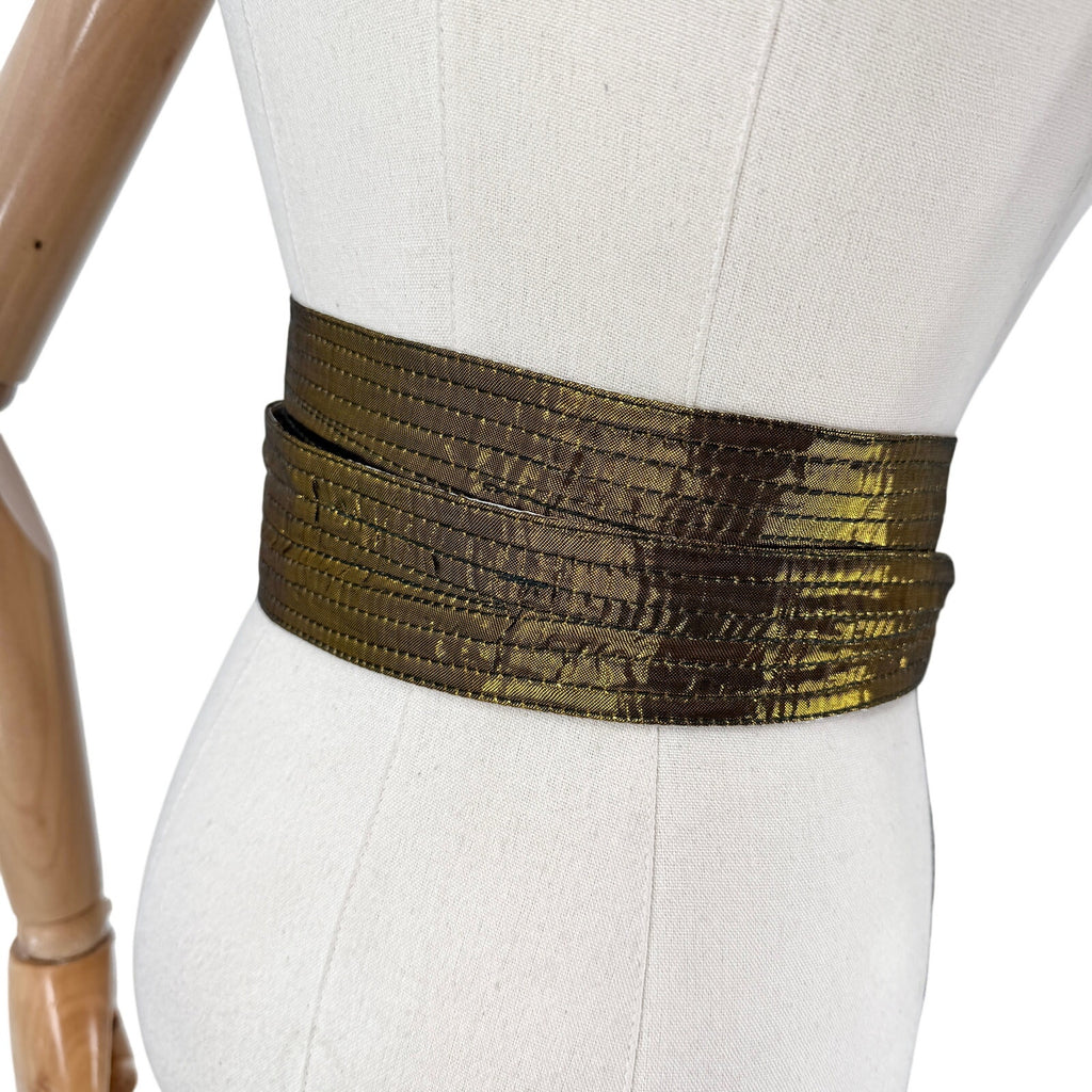 Vintage 80s Gold Silver Stitched Iridescent Reversible Sash Belt