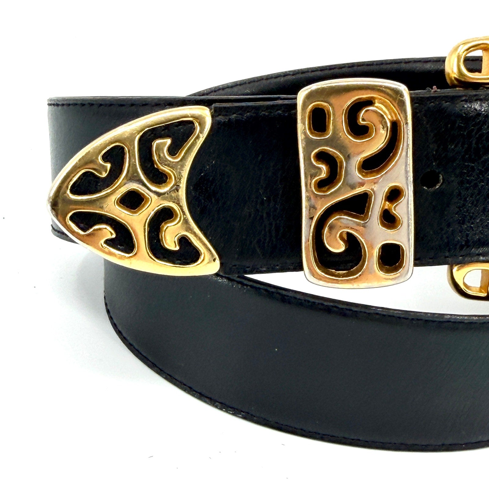 Vintage 90s Donna Katz Black Western Ornate Gold Filigree Hardware Belt