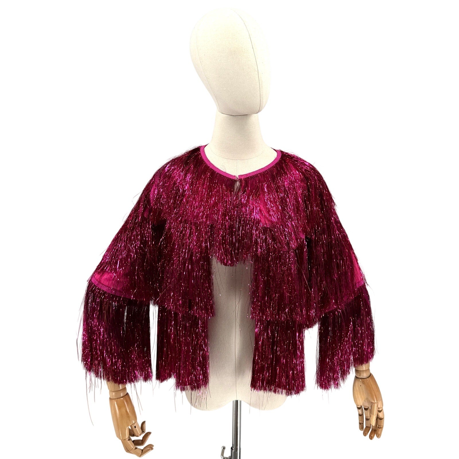 KBW Hot Pink Metallic Glam Shimmer Tiered Fringe Party Jacket