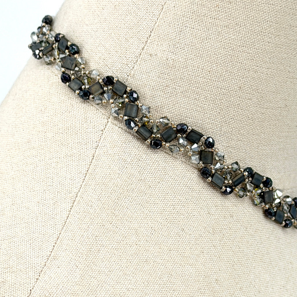 Vintage 90s Black Crystal Hand Beaded V Shape Statement Choker Necklace