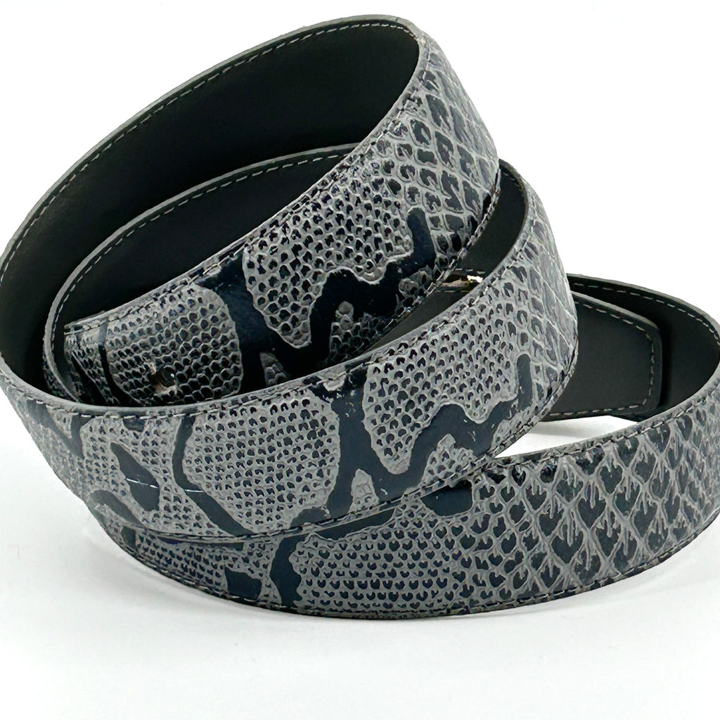 Vintage 90s Gray Black Genuine Leather Snakeskin Embossed Gold Buckle Belt