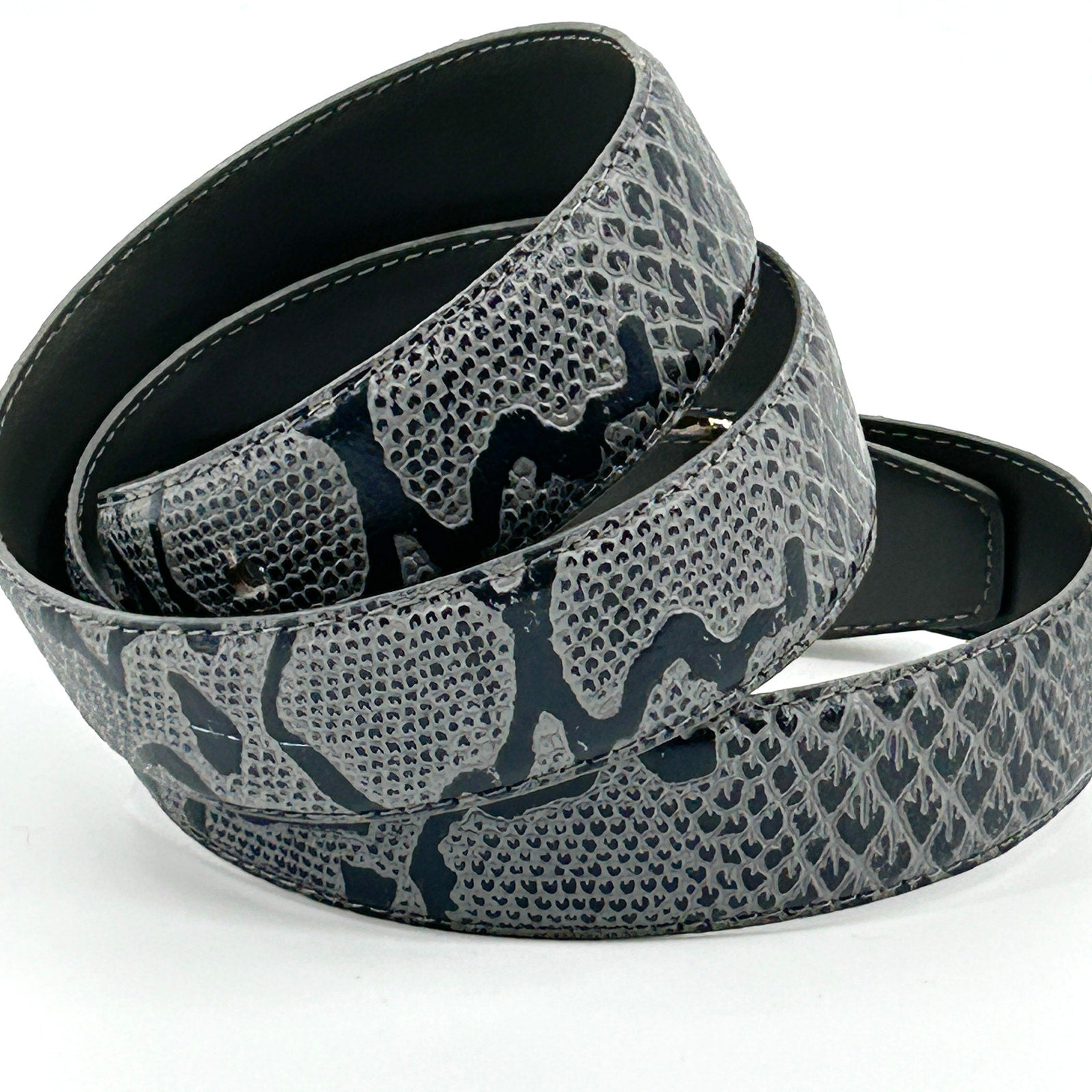 Vintage 90s Gray Black Genuine Leather Snakeskin Embossed Gold Buckle Belt