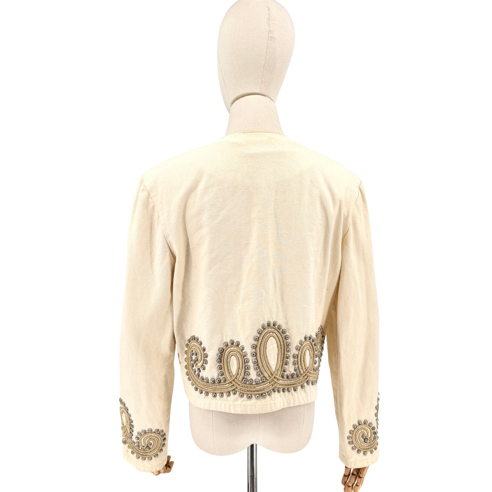 Vintage 90s Double D Ranch Cream 100% Cotton Studded Soutache Cropped Jacket