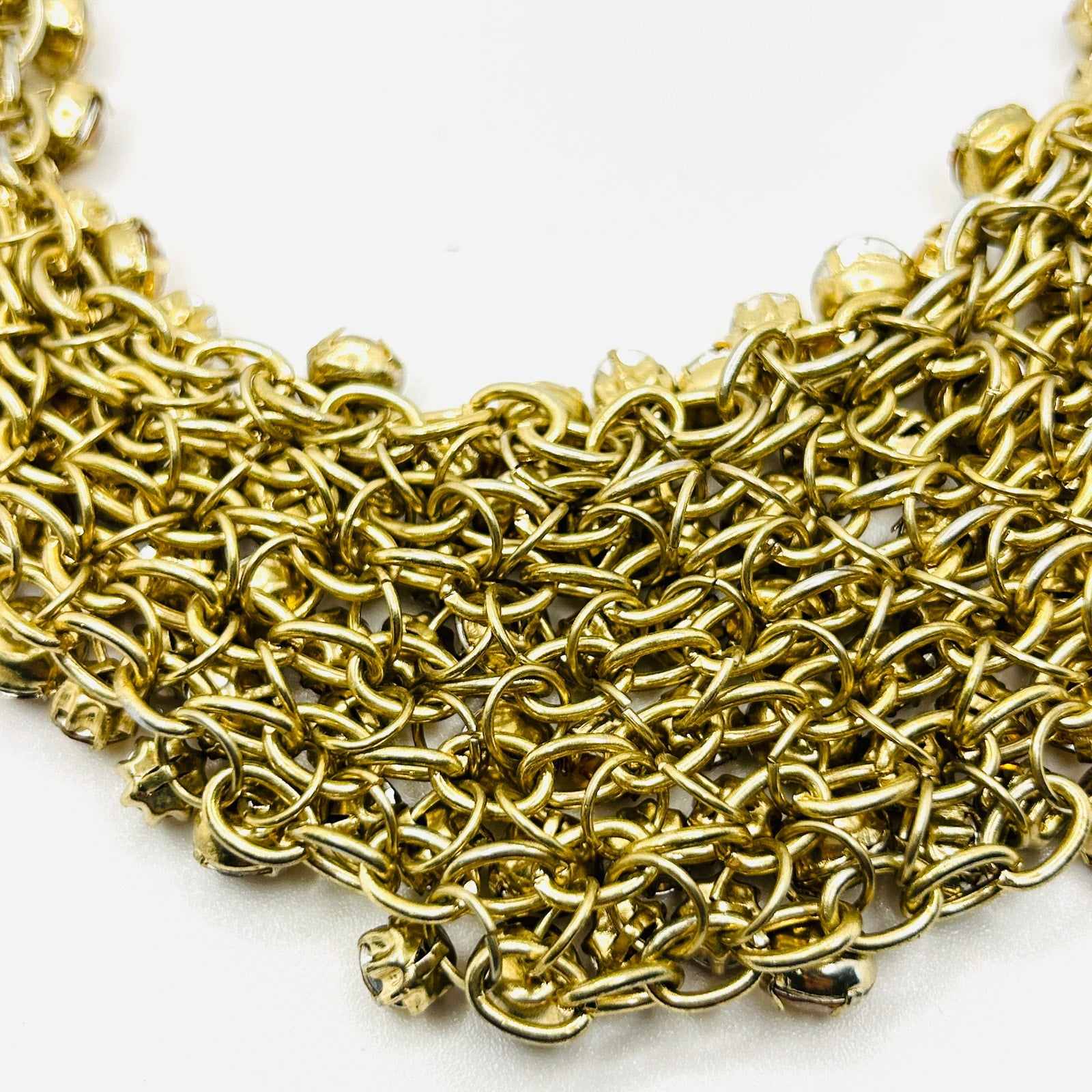 Y2k Yellow Gold Rhinestone Crystal Chain Link Bib Glam Bling Costume Necklace