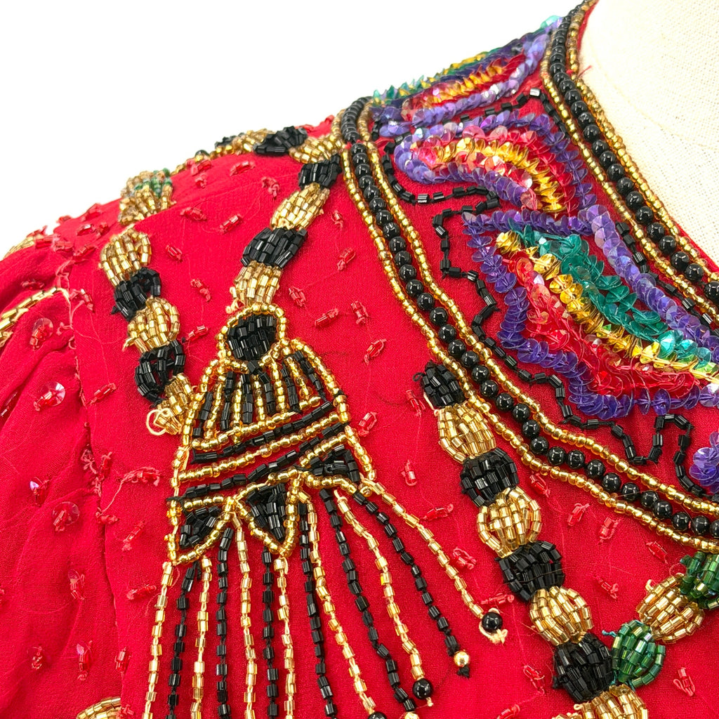 Vintage 90s Laurence Kazar Red 100% Silk Beaded Tassel Glam Statement Jacket