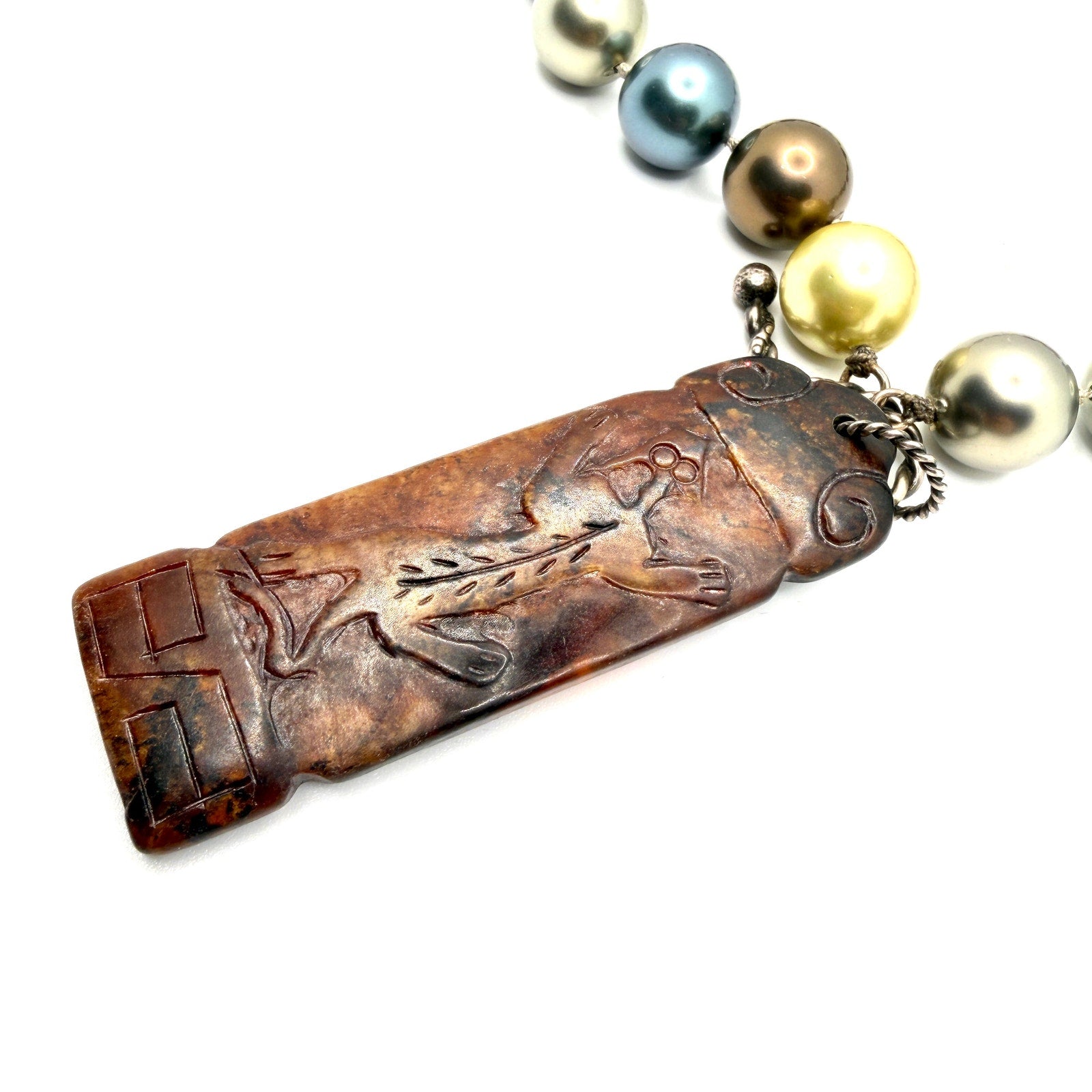Vintage 90s Carved Brown Jade Multi Color Pearl Totem Statement Necklace