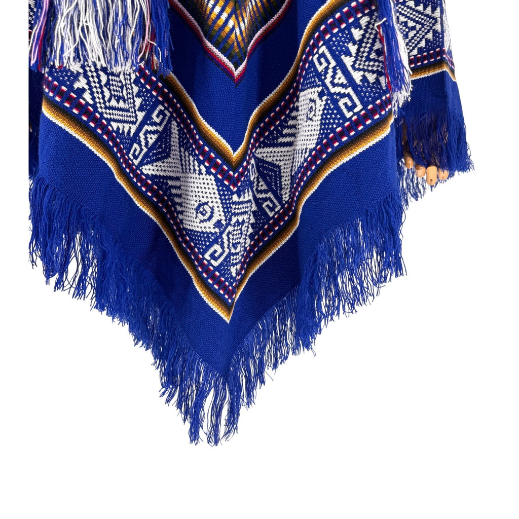 South American Blue Woven Geometric Fish Motif Tassel Fringe Poncho
