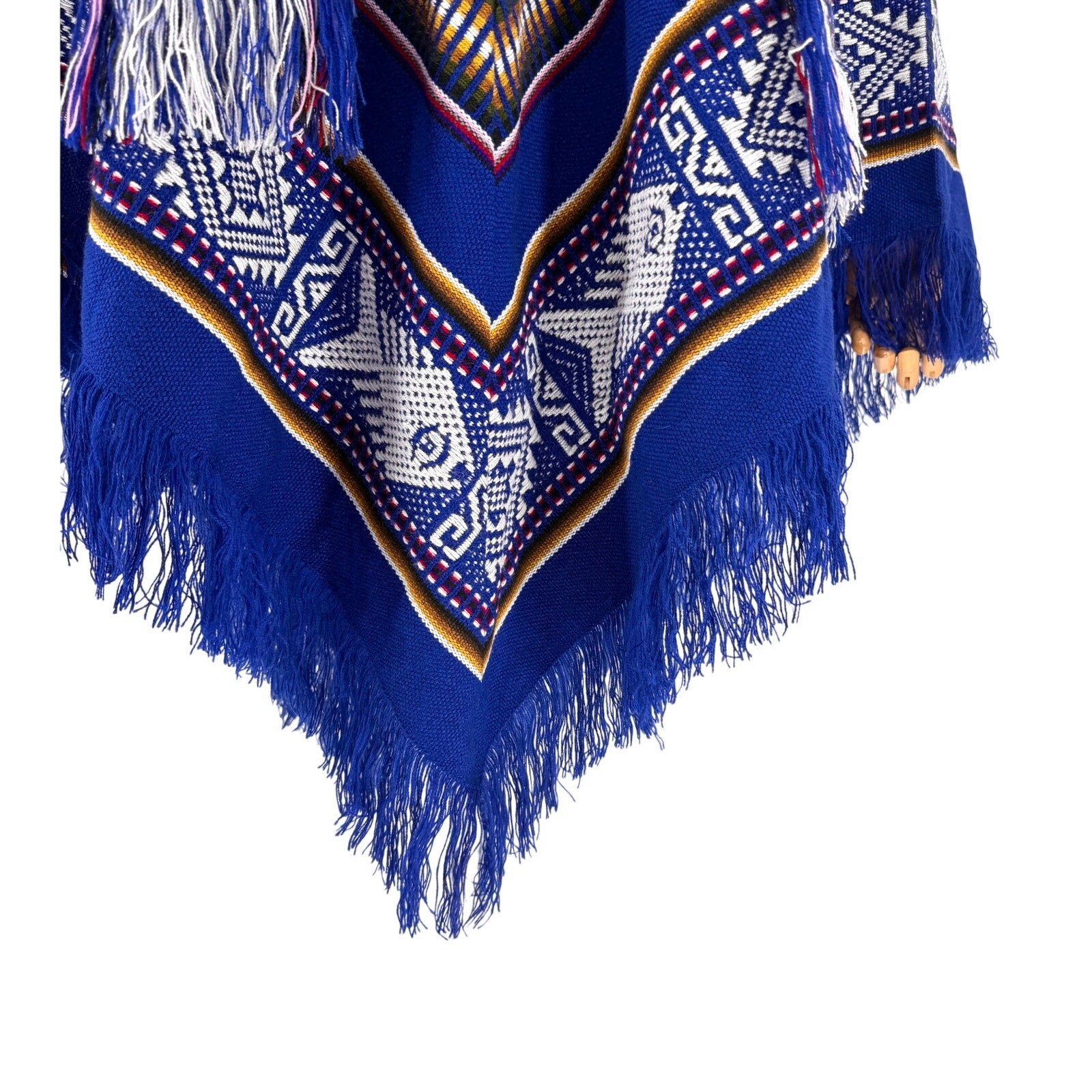 South American Blue Woven Geometric Fish Motif Tassel Fringe Poncho