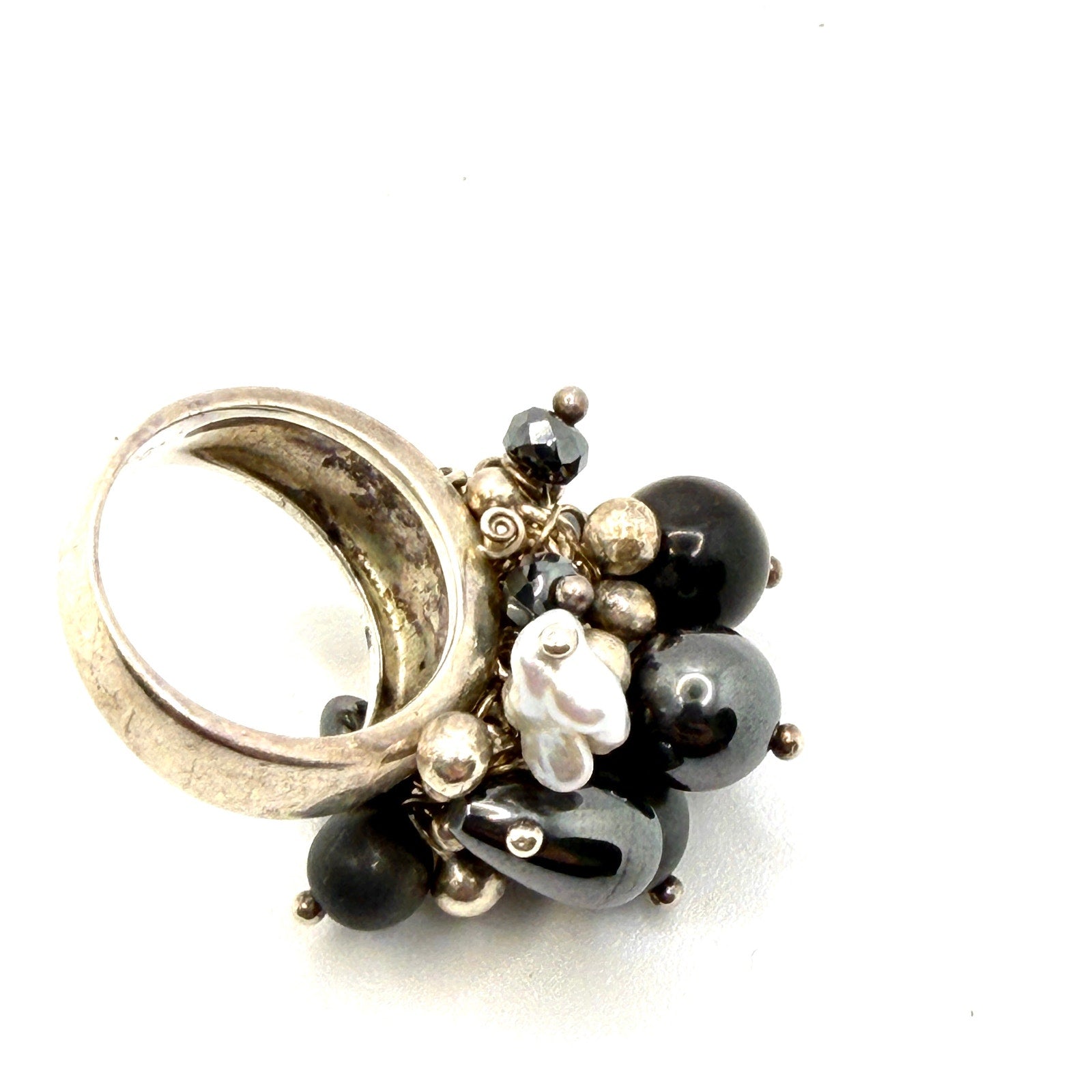 Vintage 90s JCM Signed 925 Sterling Silver Hematite Pearl Cluster Ring
