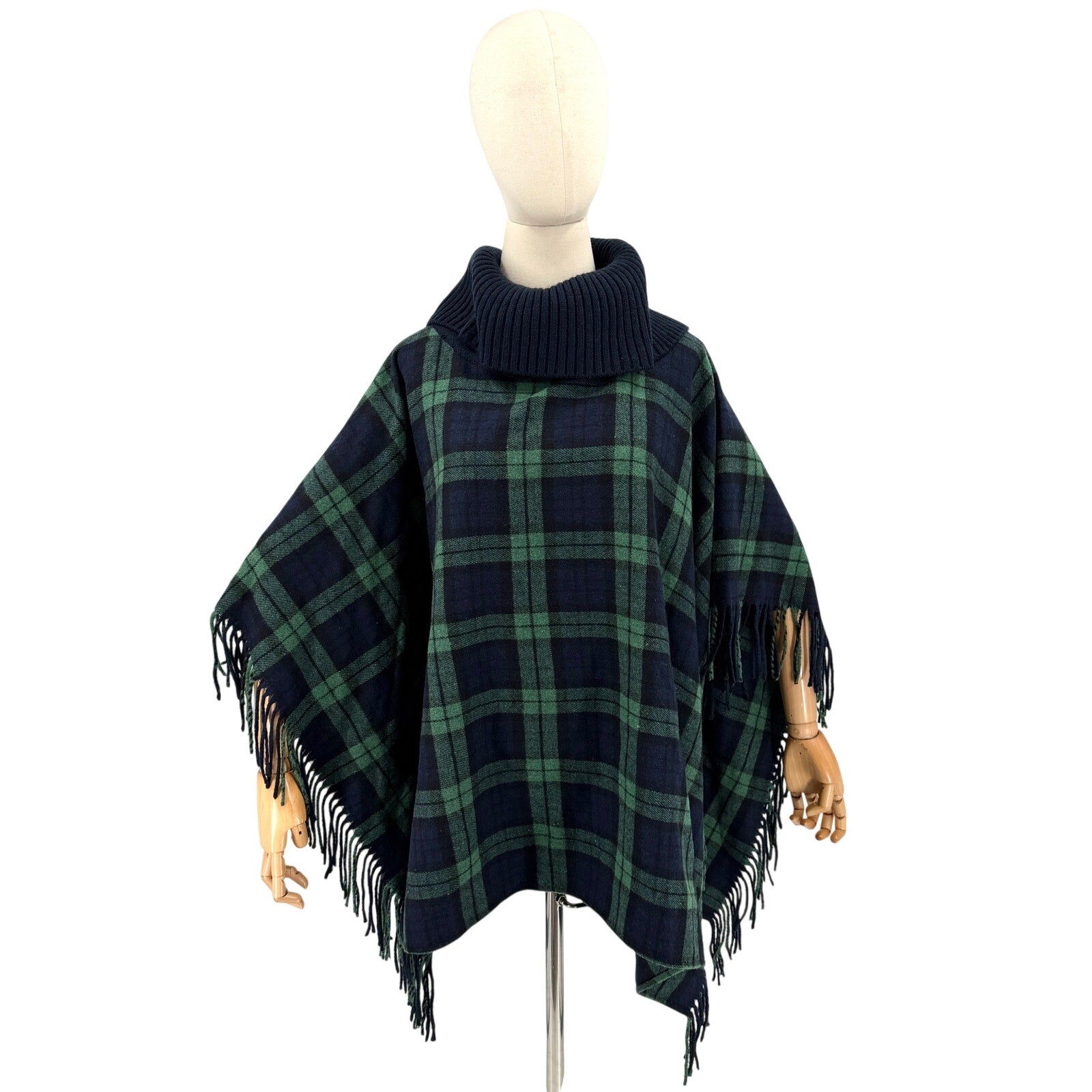 Talbots Navy Green Black Watch Plaid Fringe Turtleneck Poncho