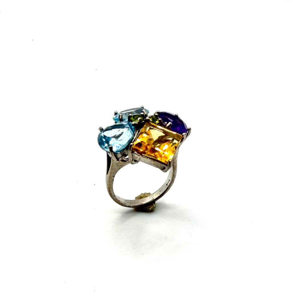 Vintage Y2K Sterling Silver Topaz Amethyst Gemstone Cluster Statement Ring