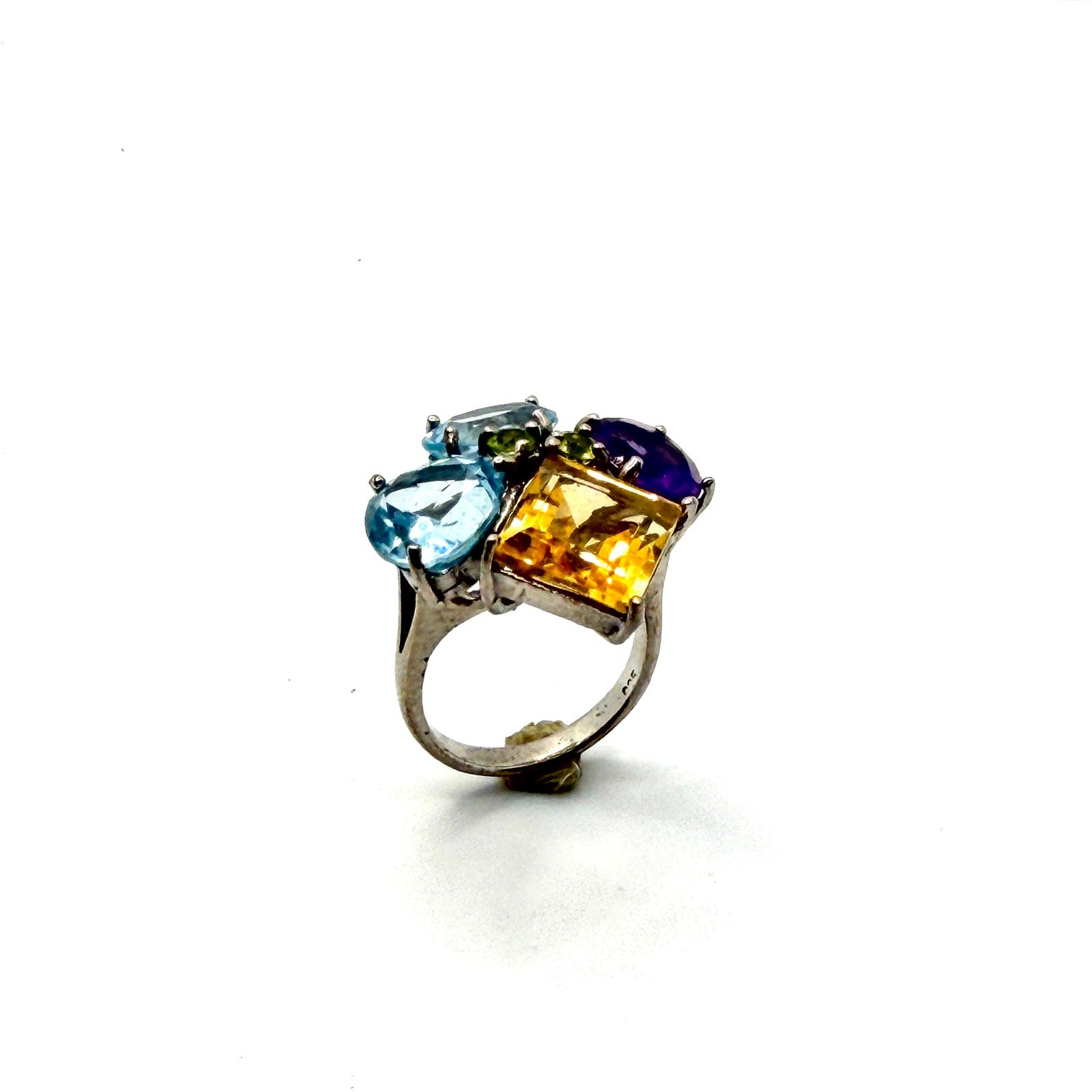 Vintage Y2K Sterling Silver Topaz Amethyst Gemstone Cluster Statement Ring