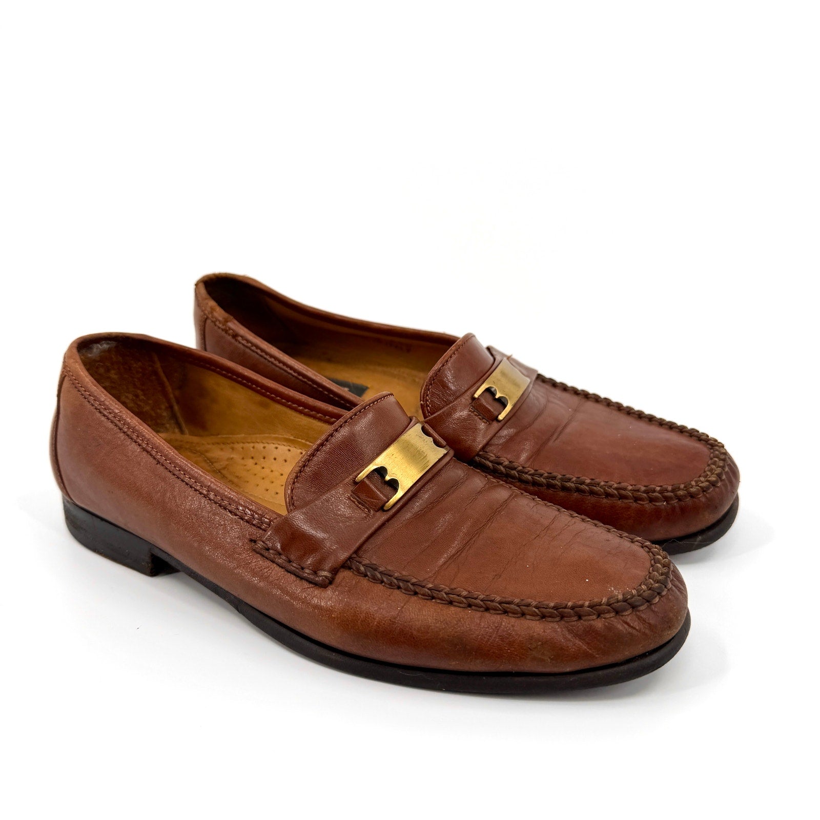 Vintage 80s Bally Italian Brown Leather Ruvera Gold Bit Loafers