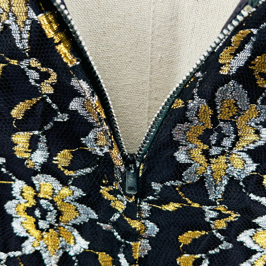 Vintage 50s/60s Black Gold Metallic Floral Lace Evening Cocktail Dress
