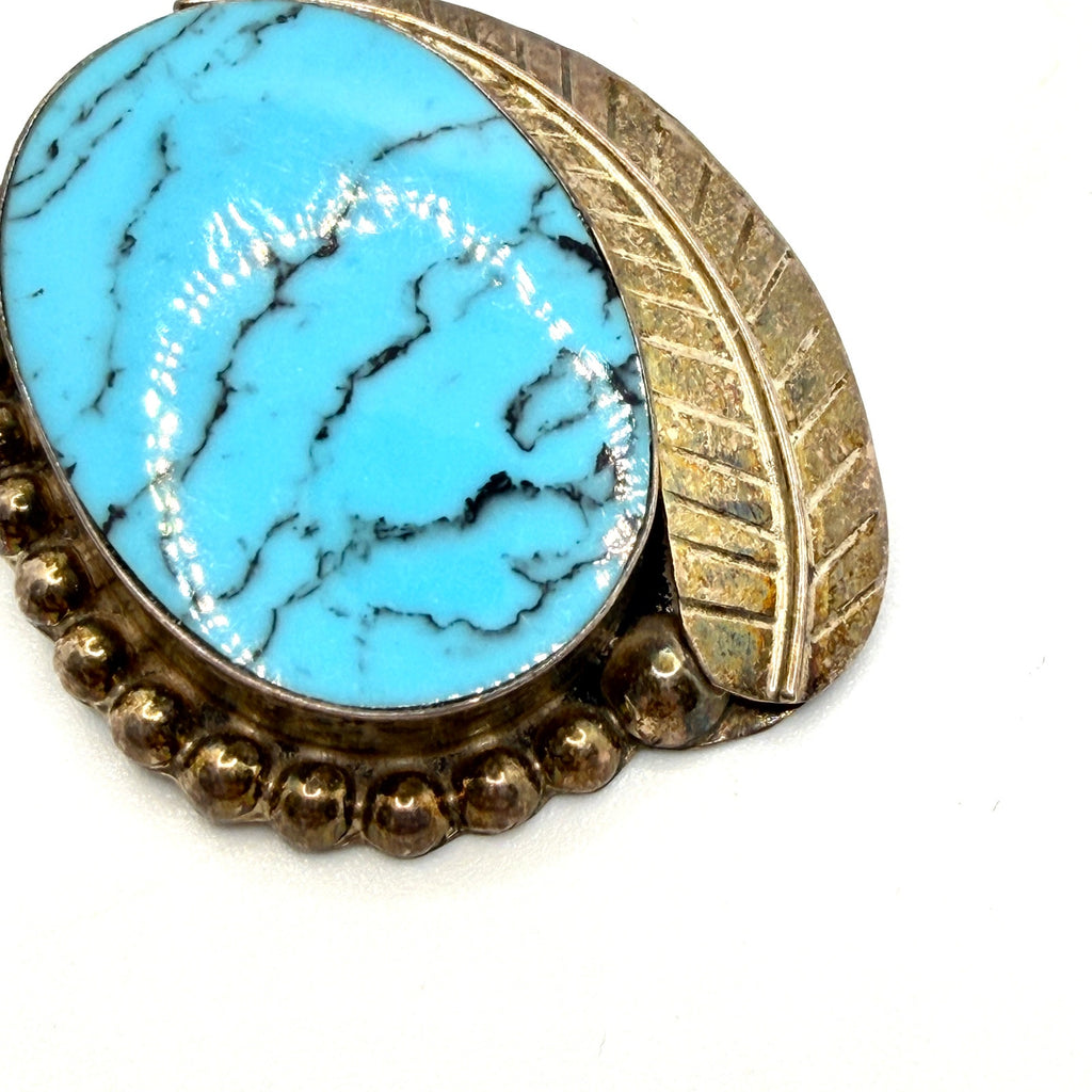 Vintage 90s Taxco Mexico Sterling Silver Turquoise Signed Leaf Pin Pendant