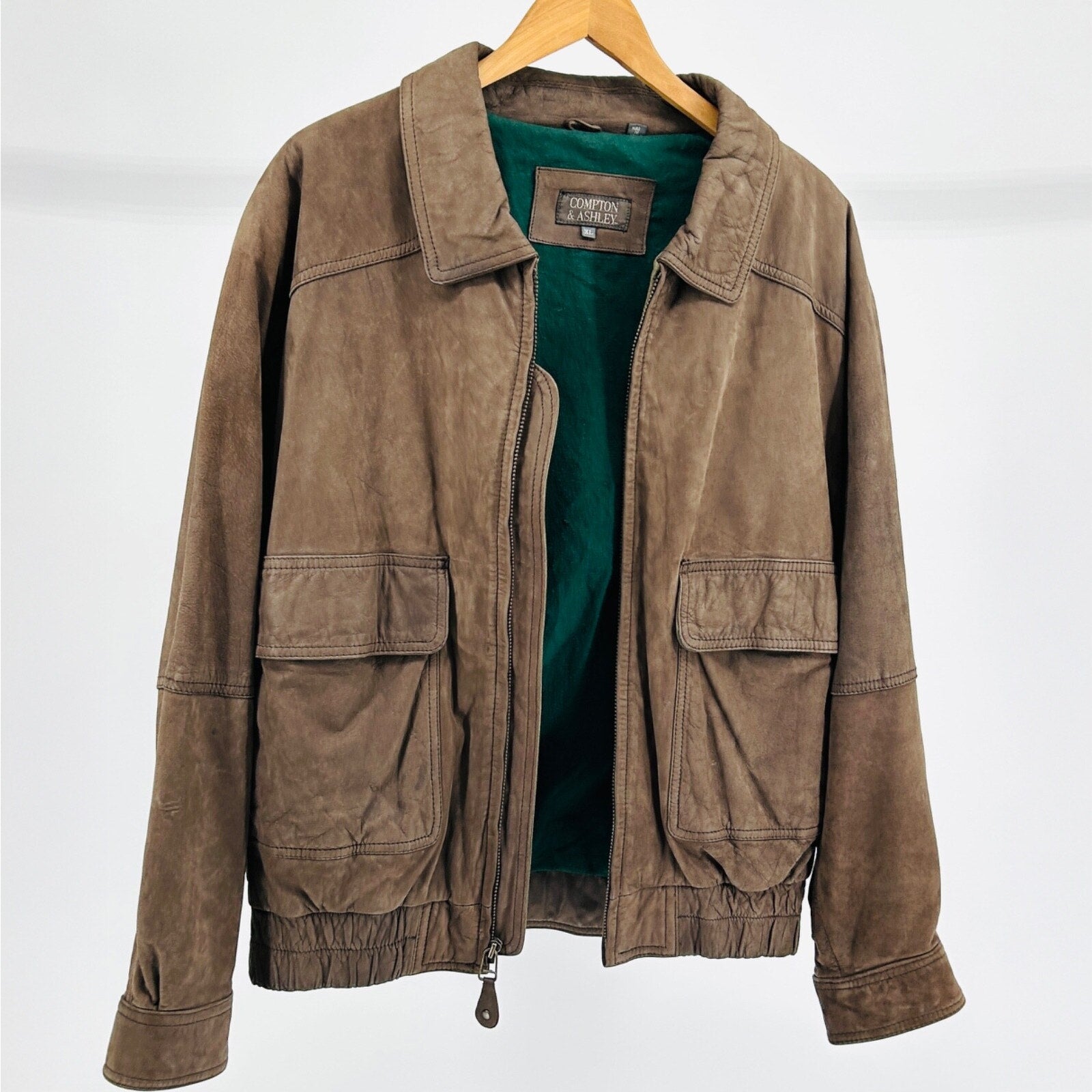 Vintage 90s Compton & Ashley Brown Genuine Suede Leather Bomber Jacket
