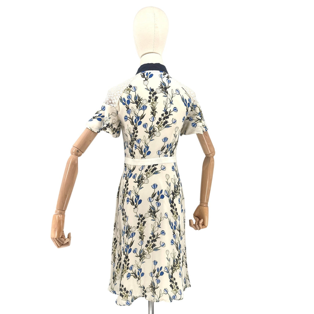 Draper James Navy Blue Cream Floral 100% Silk Lace Sleeve Shirt Dress