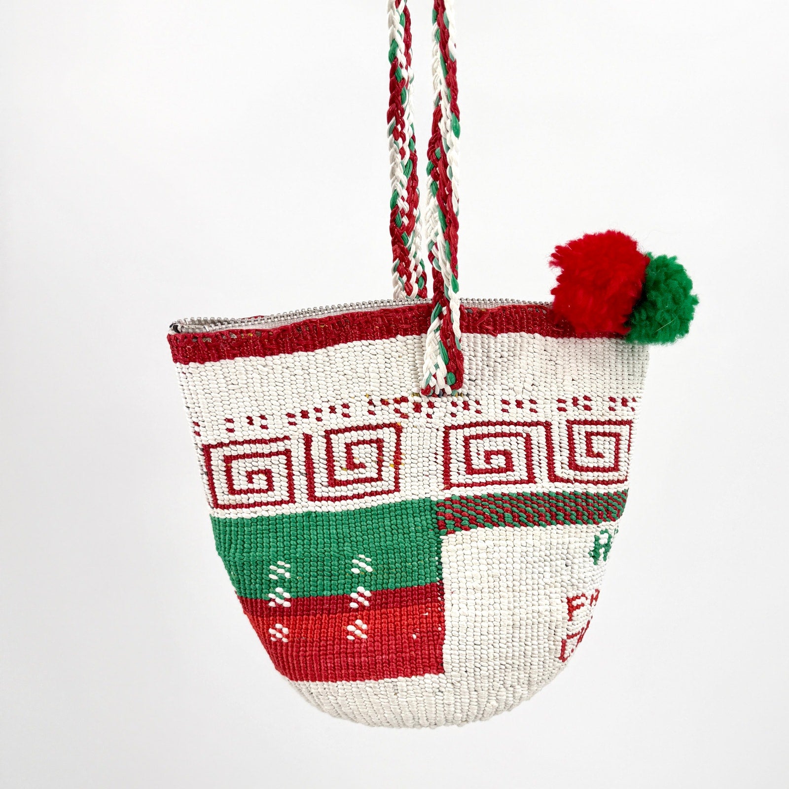 Vintage 70s Handmade Plastic Woven Panama Pom Pom Handbag