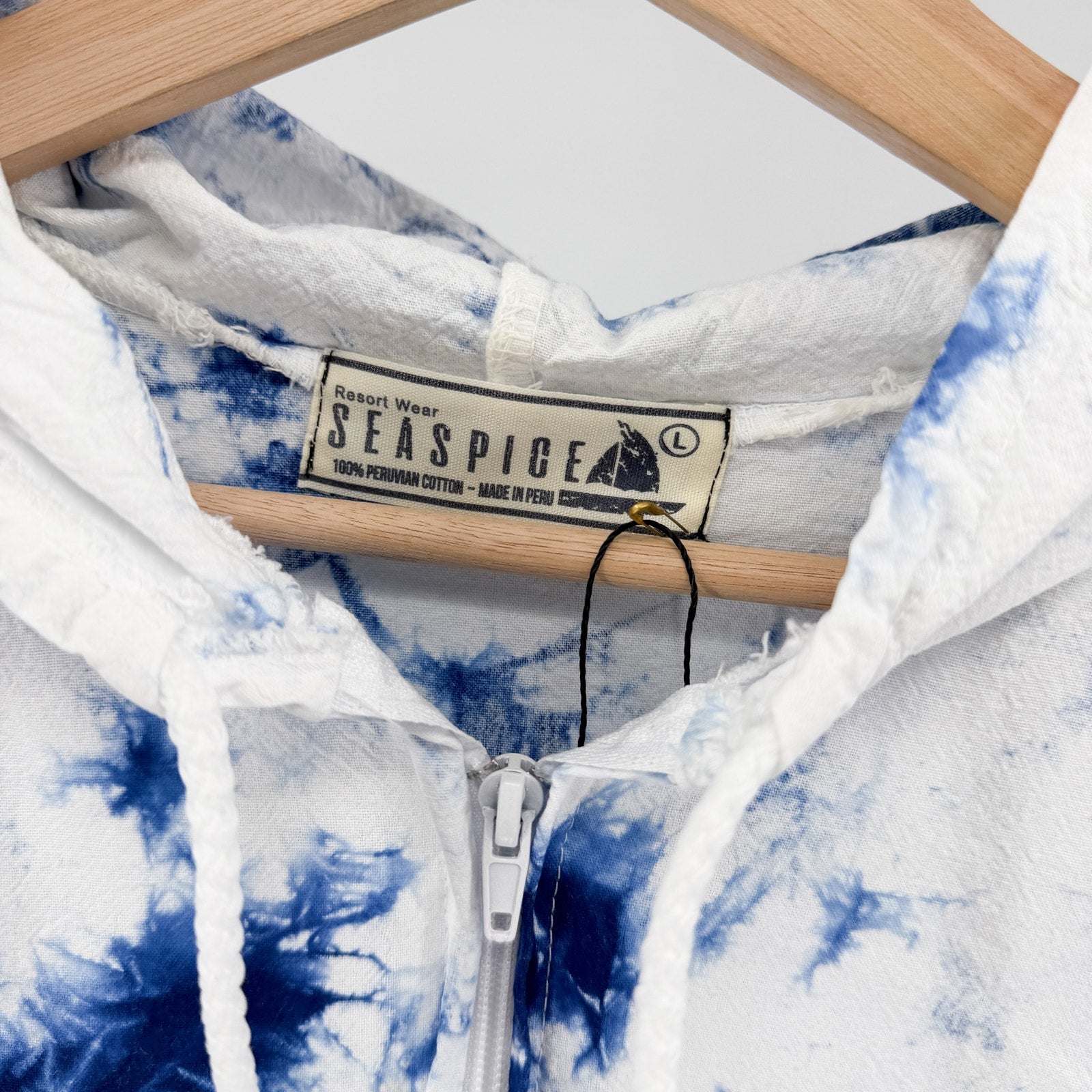 Seaspice Blue White Tie Dye 100% Cotton Hooded Zip Up Windbreaker Jacket