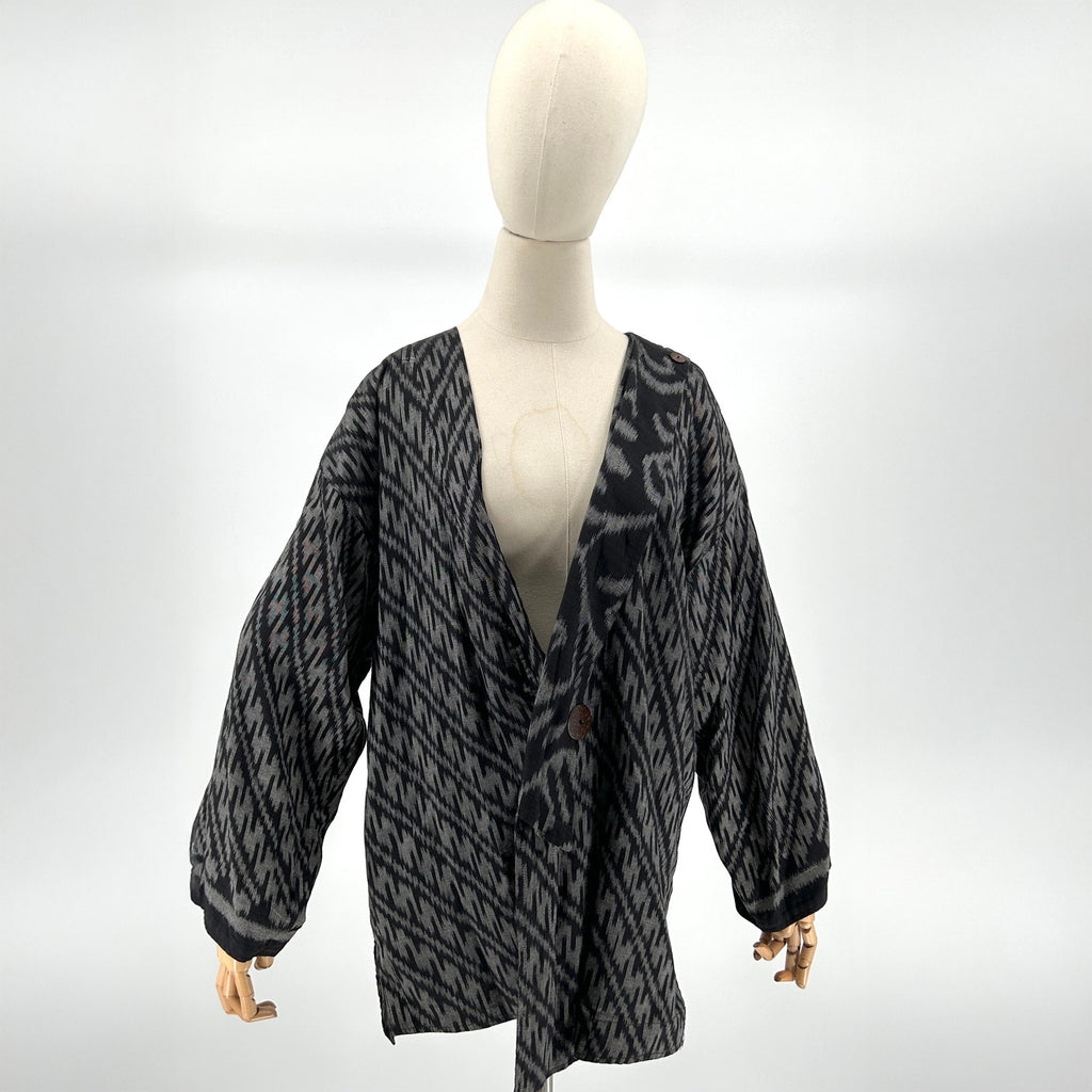 Vintage 90s Nadya Black Gray Ikat Reversible Asymmetrical Jacket