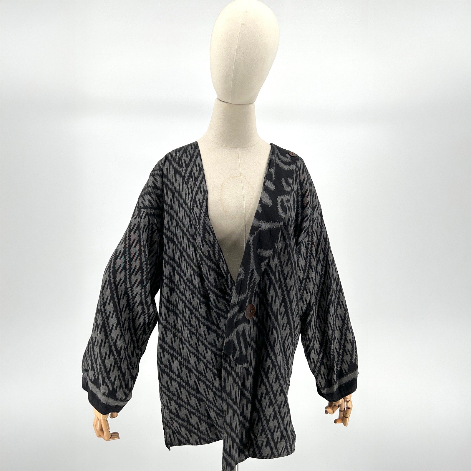 Vintage 90s Nadya Black Gray Ikat Reversible Asymmetrical Jacket