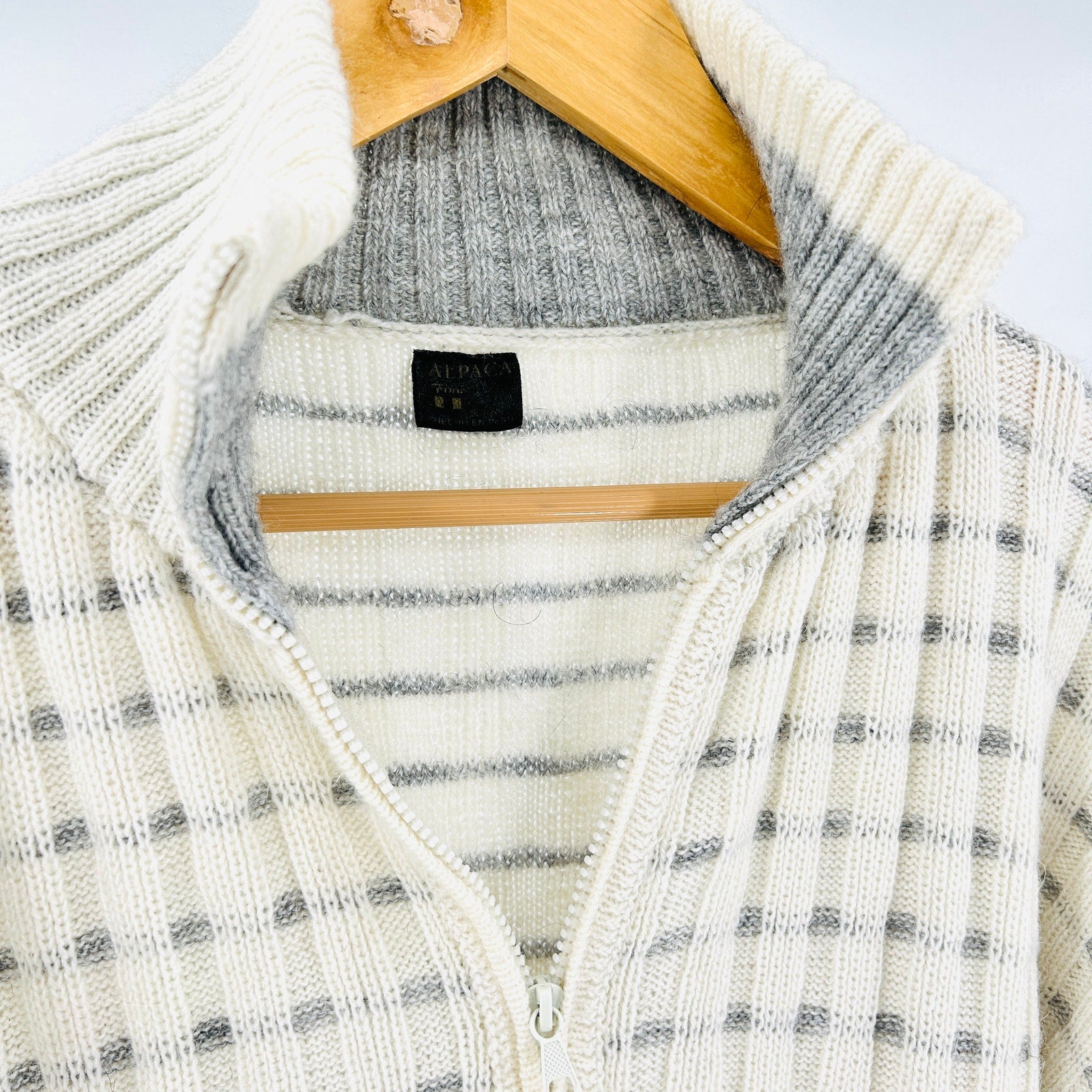 Vintage 90s White Grey Alpaca Striped Full Zip Mock Neck Sweater Jacket