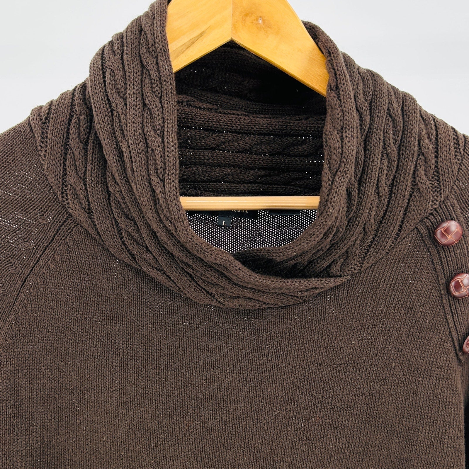 Vintage  Y2K Jeanne Pierre Brown 100% Cotton Cable Button Cowl Sweater