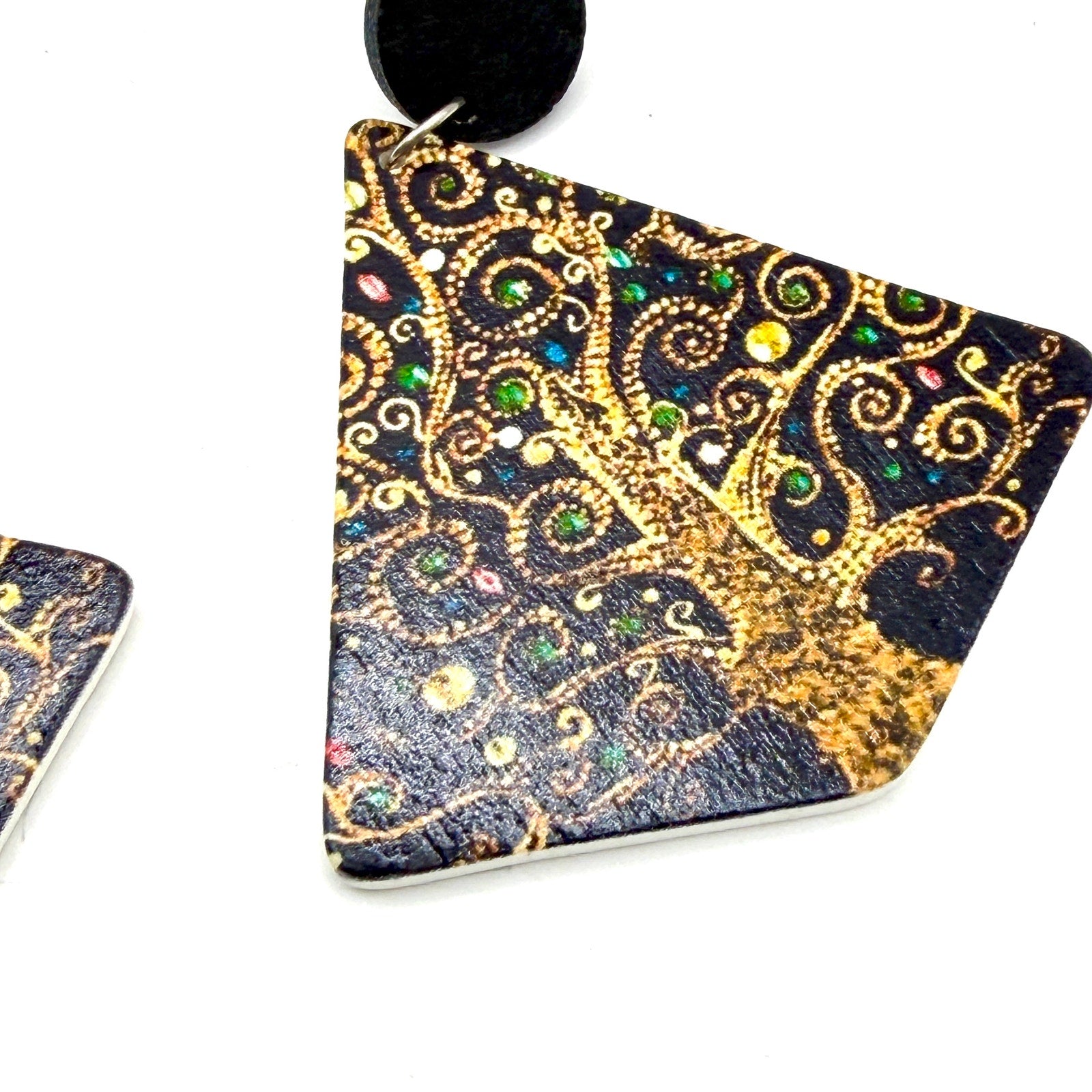 Vintage 90s Printed Wood Gustav Klimt Tree of Life Geometric Drop Earrings