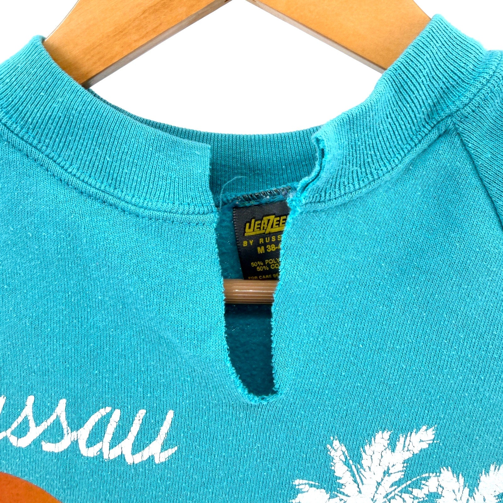Vintage 90s Jerzees by Russell Teal Graphic Nassau Sunset Raglan Sweatshirt