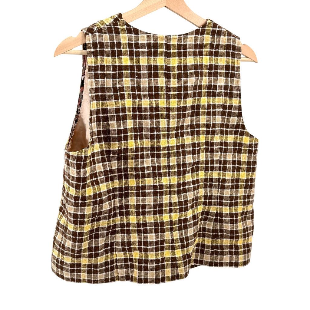 Vintage 90s Handmade Brown Yellow Plaid Zip-Front Vest Blouse