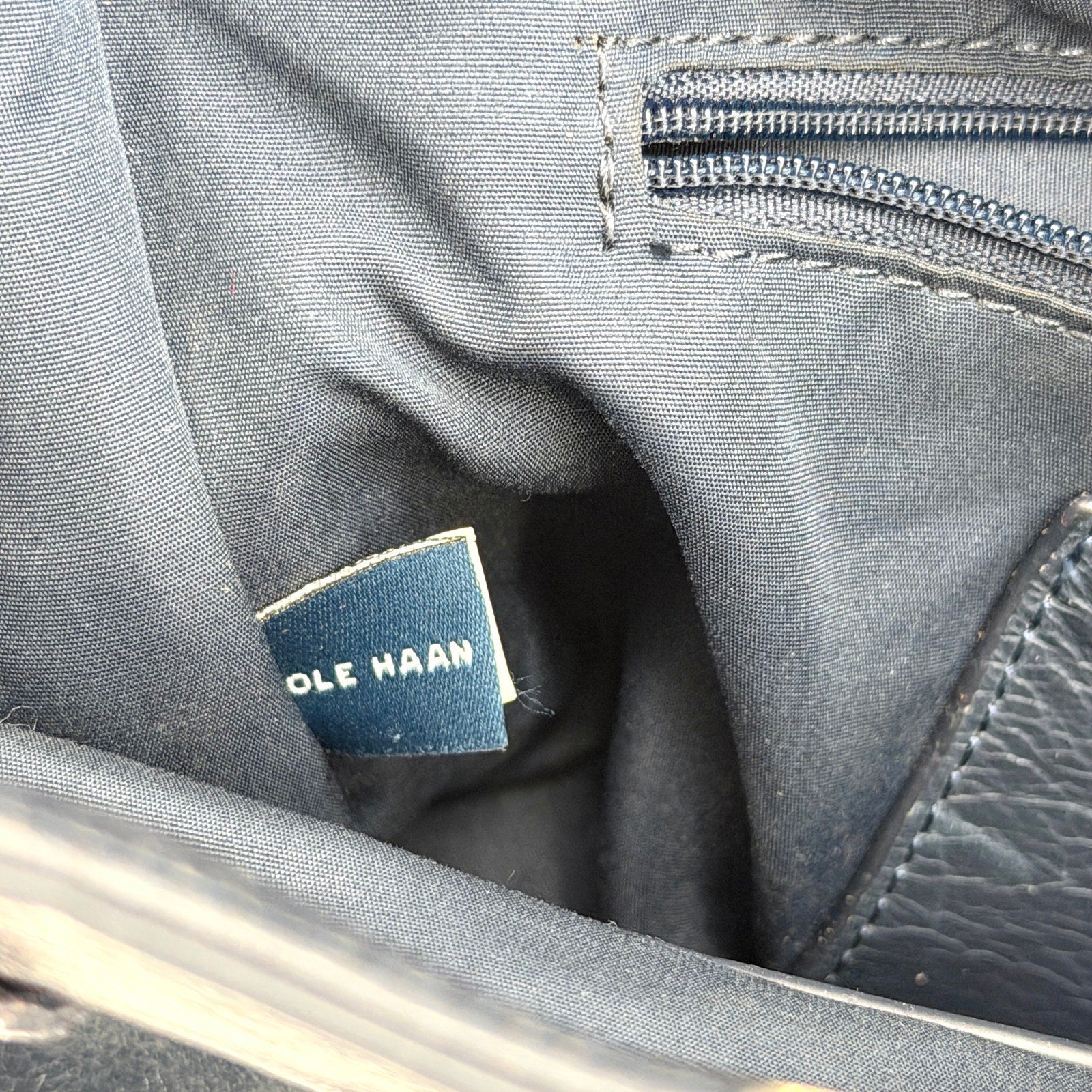 Cole Haan Navy Blue Genuine Leather Minimalist Push Lock Satchel Crossbody Bag