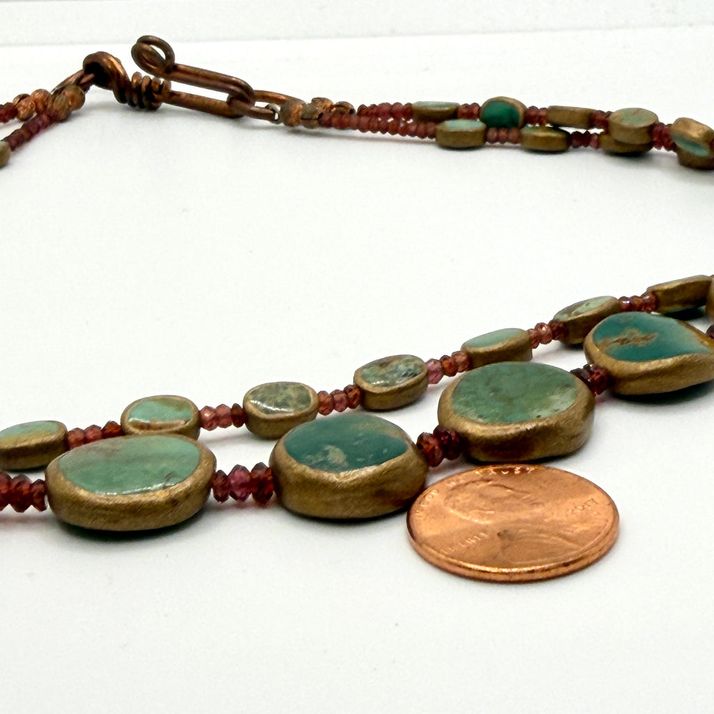 Vintage Turquoise Rubellite Double Strand Copper Hook Artisanal Necklace