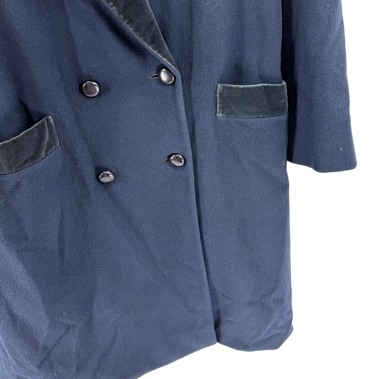 Vintage 80s Karen Navy Blue 100% Wool Velvet Double Breasted Overcoat Jacket